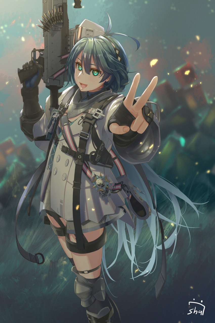1girl :d absurdres ahoge ammunition_belt blue_eyes blue_hair commentary_request commission feet_out_of_frame fingerless_gloves girls'_frontline gloves gun hat highres holding holding_gun holding_weapon jacket long_hair looking_at_viewer m240 m240l_(girls'_frontline) machine_gun open_mouth pixiv_commission shu70077 smile solo trigger_discipline v very_long_hair weapon white_jacket