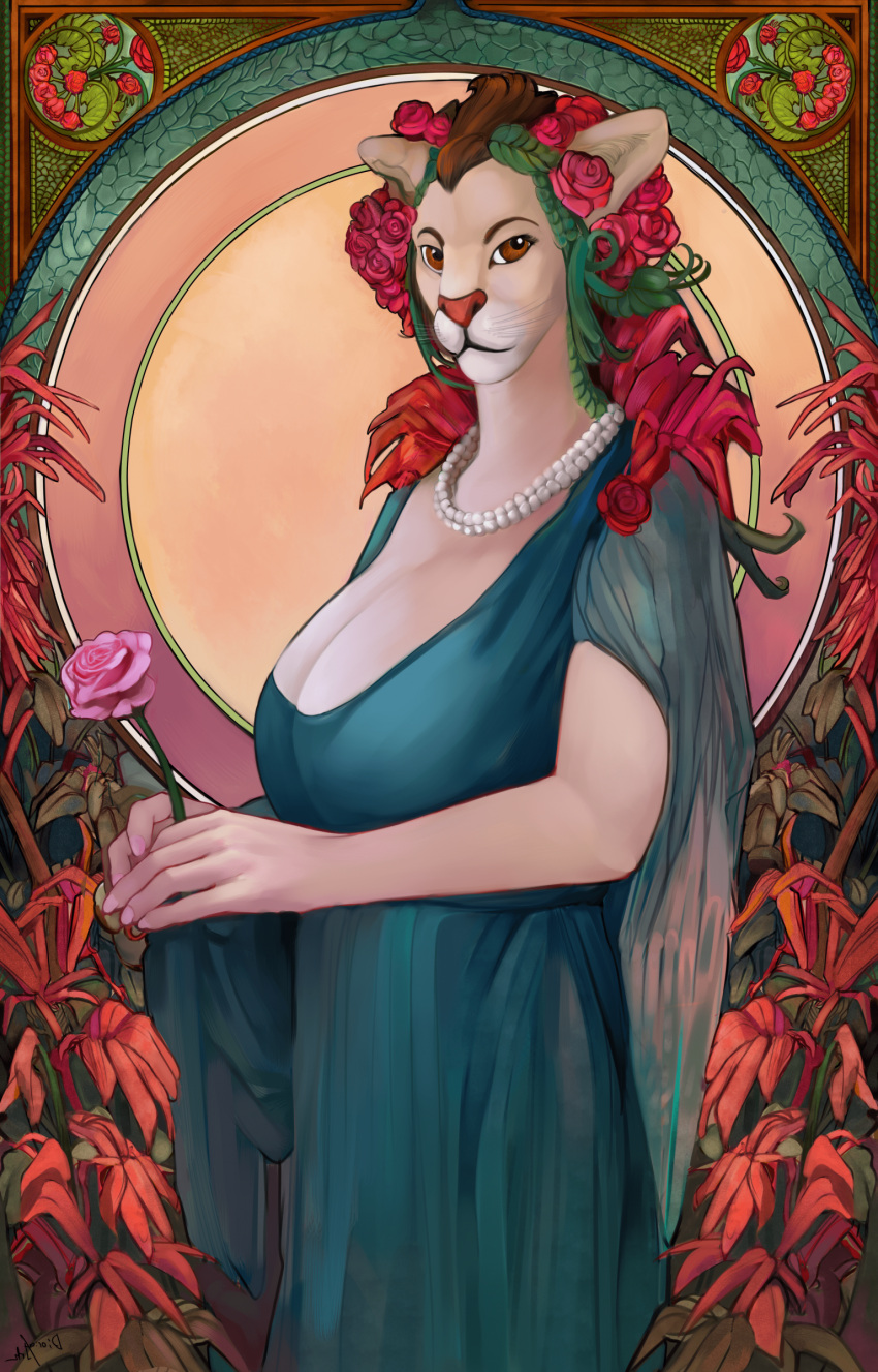 anthro armband art_nouveau beautiful_background bottomwear breasts classical clothed clothing container cougar detailed_background diorionarh fantasy felid feline female flower food fruit hi_res jar jewelry mammal mature_female mythology nature nature_background necklace ornament pantherine plant portrait poster renaissance skirt solo strawberry tail tiger wood