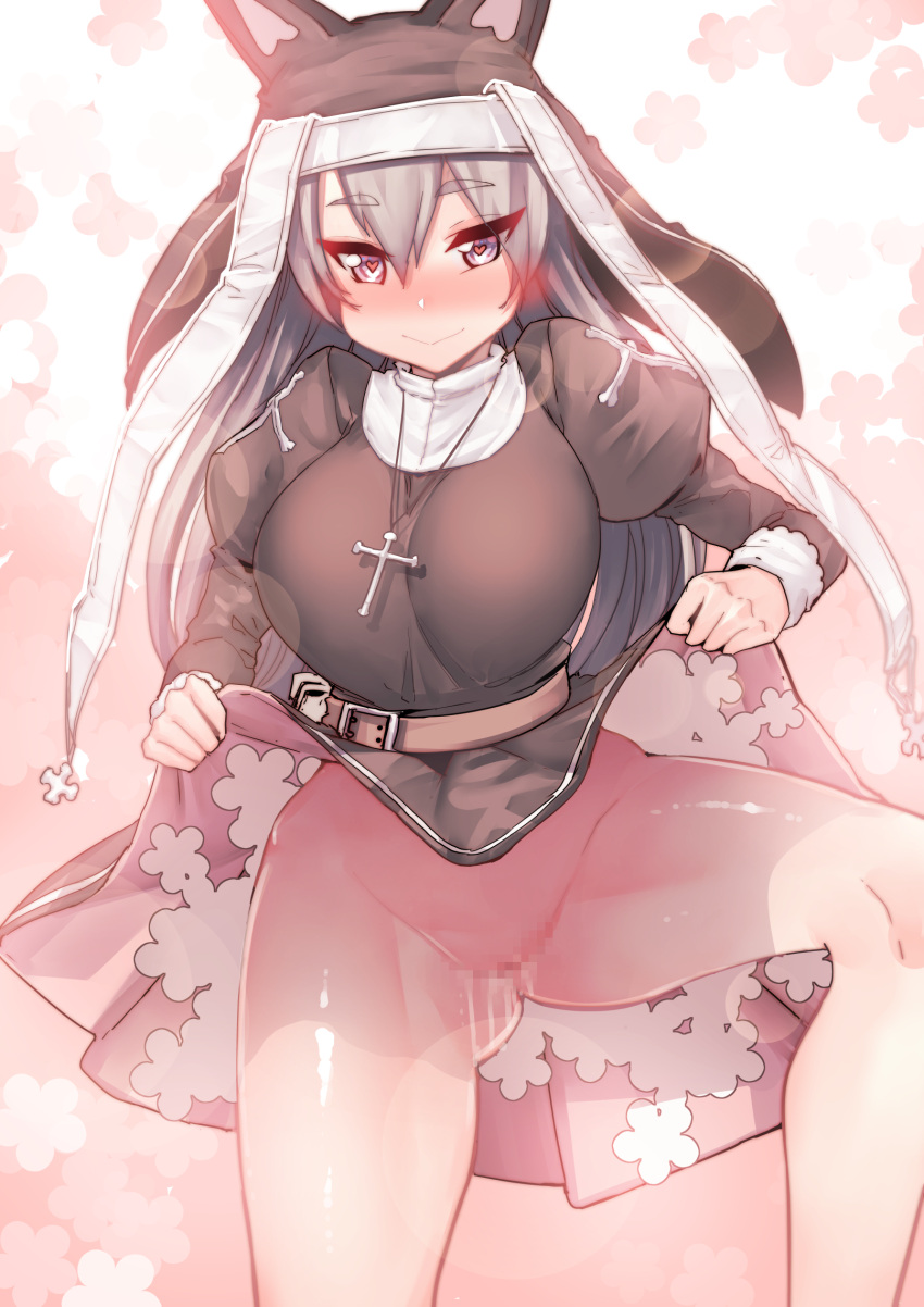 1girl animal_ears belt blush breasts cat_ears censored chung_cthemax clothes_lift commentary_request cowboy_shot cross dress dress_lift girls'_frontline grey_hair habit hair_between_eyes heart heart-shaped_pupils highres large_breasts lifted_by_self long_hair long_sleeves looking_at_viewer mosaic_censoring no_panties nun p7_(girls'_frontline) purple_eyes pussy pussy_juice smile solo spread_legs symbol-shaped_pupils thighs
