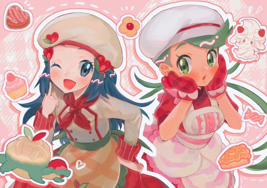 2girls ;d abe_(kumayu) alcremie appletun apron bangs blush buttons commentary_request cosplay costume_switch dawn_(palentine's_2021)_(pokemon) dawn_(pokemon) dawn_(pokemon)_(cosplay) dress eyelashes green_eyes grey_eyes hair_ornament hairclip hand_on_hip hand_up hat highres index_finger_raised long_hair long_sleeves mallow_(palentine's_2023)_(pokemon) mallow_(pokemon) mallow_(pokemon)_(cosplay) multiple_girls one_eye_closed open_mouth oven_mitts pokemon pokemon_(game) pokemon_masters_ex red_dress red_mittens red_skirt shirt short_sleeves sidelocks skirt smile swept_bangs twintails waist_apron white_headwear
