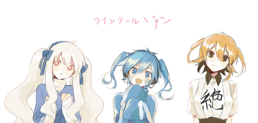 3girls :d aaniko alternate_hairstyle arms_at_sides black_shirt blue_bow blue_eyes blue_hair blue_hairband blue_ribbon blue_shirt bow breasts bright_pupils brown_eyes buttons clothes_writing collared_jacket collared_shirt colored_eyelashes commentary_request dot_nose dress emoji ene_(kagerou_project) facial_mark hair_between_eyes hair_bow hair_ribbon hairband jacket kagerou_project kanji kisaragi_momo kozakura_marry large_breasts long_hair looking_at_viewer mekakucity_actors multiple_girls negative_space open_mouth orange_hair pink_eyes pinstripe_pattern pinstripe_shirt popped_collar ribbon shirt short_sleeves simple_background sketch sleeves_past_fingers sleeves_past_wrists smile striped track_jacket turtleneck twintails two-tone_shirt upper_body very_long_sleeves wavy_hair white_background white_hair white_pupils white_shirt