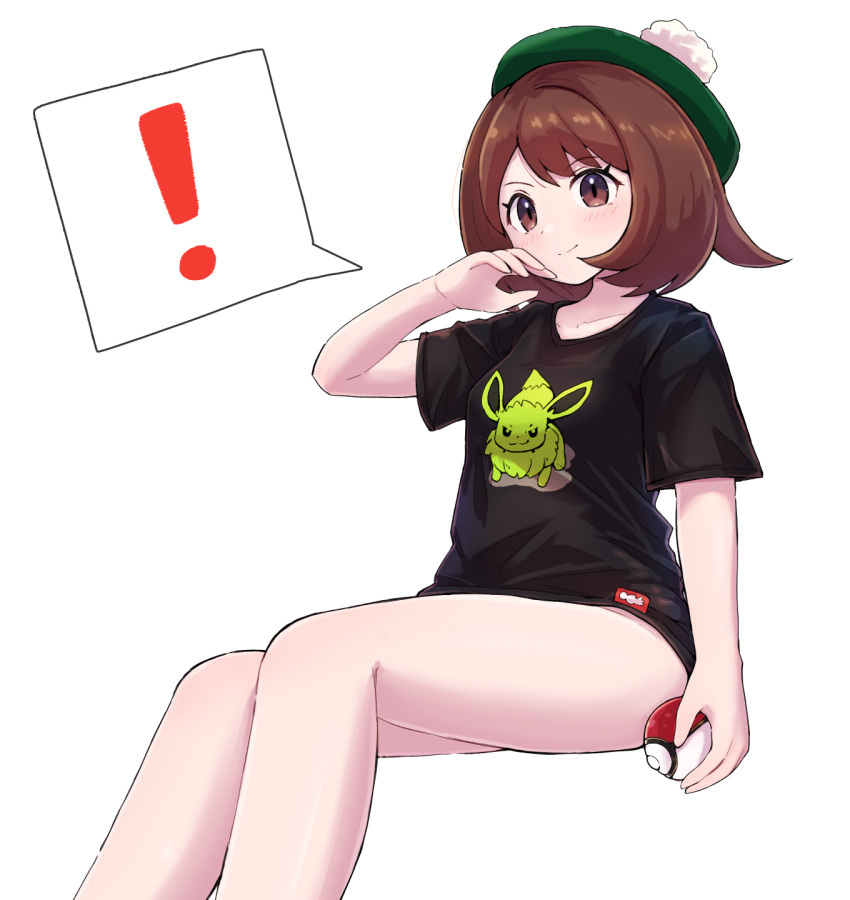 ! 1girl bangs black_shirt blush bottomless brown_eyes brown_hair character_print closed_mouth collarbone commentary_request eevee gloria_(pokemon) green_headwear hand_up hat highres holding holding_poke_ball invisible_chair kutabireta_neko poke_ball poke_ball_(basic) pokemon pokemon_(game) pokemon_swsh shirt short_sleeves simple_background sitting smile solo spoken_exclamation_mark t-shirt tam_o'_shanter white_background