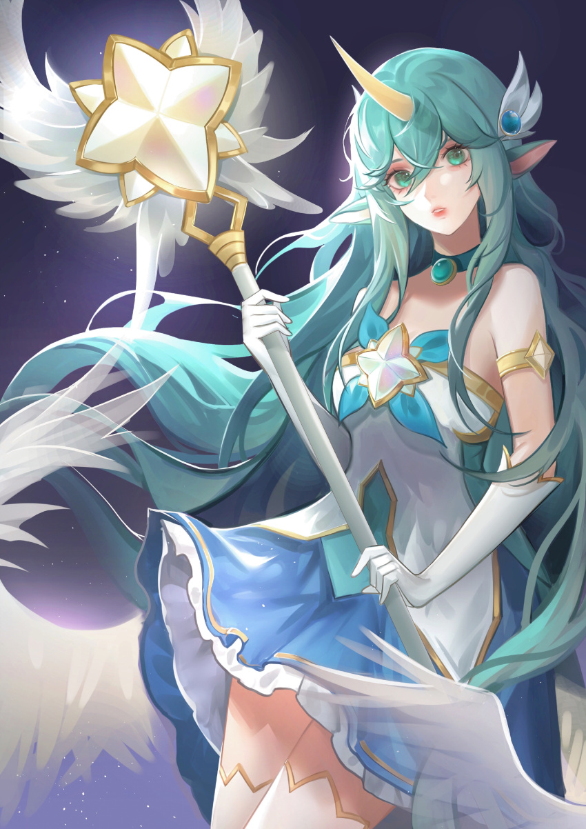 1girl absurdres bangs bare_shoulders blue_dress breasts choker commentary_request dress frilled_dress frills gem gloves gradient_background green_choker green_eyes green_hair grey_background hair_between_eyes hair_ornament highres holding holding_staff horns large_breasts league_of_legends long_hair parted_lips pointy_ears saikayo single_horn solo soraka_(league_of_legends) staff star_(symbol) star_guardian_(league_of_legends) star_guardian_soraka starry_background teeth white_dress white_gloves wings