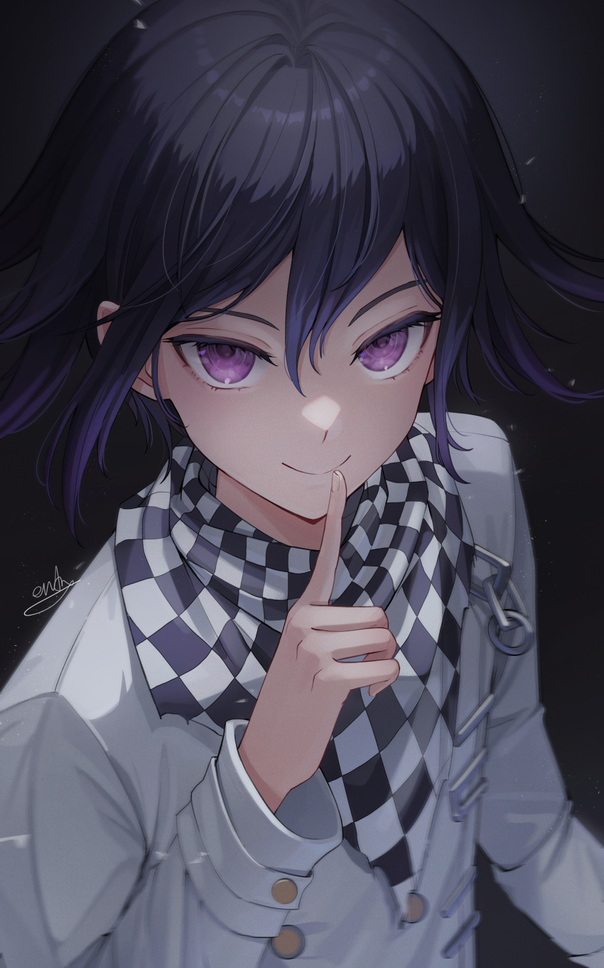 1boy absurdres aendi_en_d_endei bangs black_background black_hair buttons checkered_clothes checkered_scarf danganronpa_(series) danganronpa_v3:_killing_harmony double-breasted flipped_hair gradient_background grey_jacket hair_between_eyes hand_up highres index_finger_raised jacket long_sleeves male_focus multicolored_hair ouma_kokichi pink_eyes purple_hair scarf signature smile solo two-tone_hair