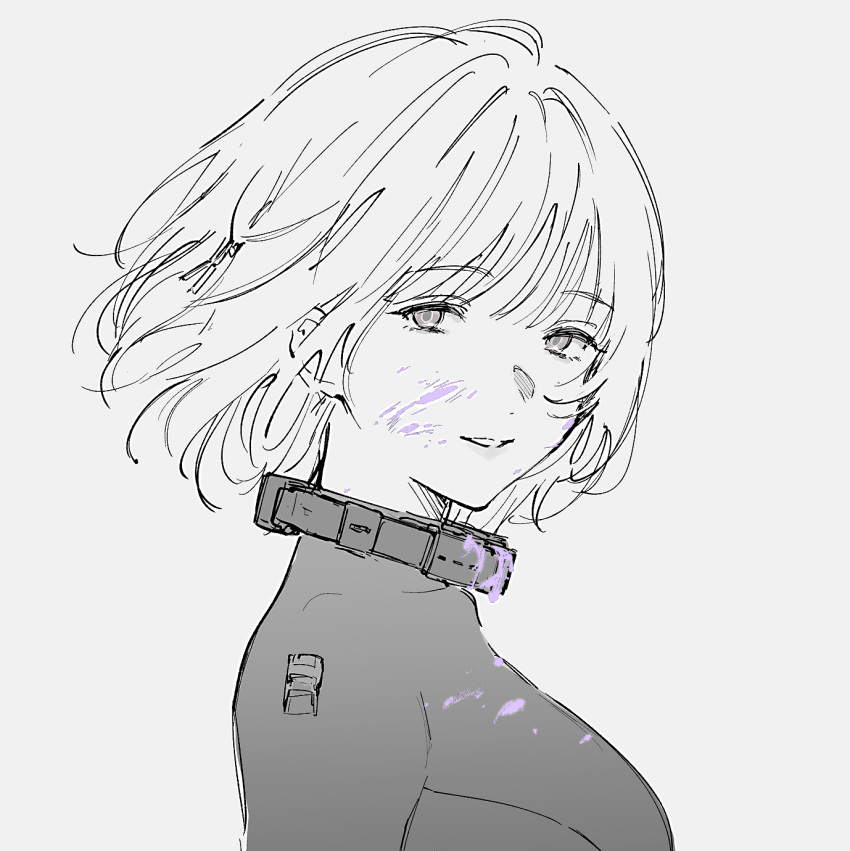 1girl blood blood_on_face bodysuit breasts collar commentary_request dm_owr from_side girls'_frontline highres large_breasts looking_at_viewer looking_to_the_side metal_collar monochrome purple_blood rpk-16_(girls'_frontline) short_hair sketch smile solo spot_color upper_body