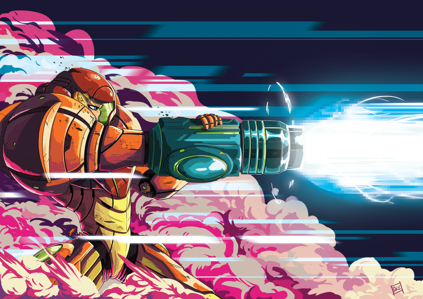 1girl arm_cannon arm_up armor blonde_hair blue_eyes broken_helmet commentary crack energy_beam english_commentary full_armor hand_up helmet highres martin_kirby-jackson metroid power_armor power_suit power_suit_(metroid) profile samus_aran science_fiction signature smoke solo standing v-shaped_eyebrows watermark weapon