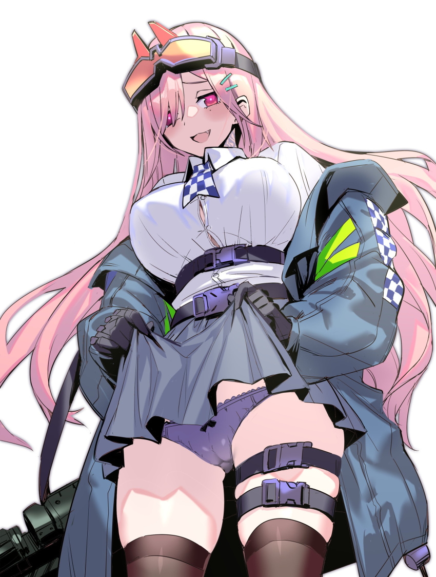 1girl :3 absurdres black_gloves breasts bursting_breasts cameltoe checkered_necktie clothes_lift coat collared_shirt commentary_request cowboy_shot fang girls'_frontline gloves goggles goggles_on_head hair_ornament hairclip highres large_breasts lifted_by_self long_hair mckeee mole mole_under_eye neck_tattoo necktie official_art panties pink_eyes pink_hair purple_panties shirt sig_mcx_(girls'_frontline) simple_background skirt skirt_lift smile solo tattoo thigh_strap thighhighs thighs underwear very_long_hair white_background white_shirt