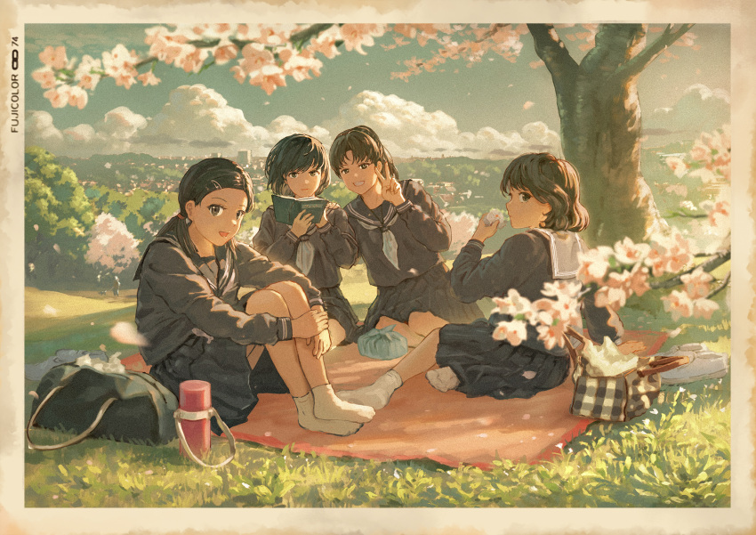 4girls bag bangs black_eyes black_hair blue_bag blue_sailor_collar blue_serafuku blue_shirt blue_skirt book border cherry_blossoms cloud grin hand_on_another's_shoulder highres holding holding_book long_hair looking_at_viewer multiple_girls neckerchief open_mouth original outdoors photo_(object) picnic pleated_skirt sailor_collar school_bag school_uniform serafuku shirt short_hair signature sitting skirt sky smile socks sugi87 tree v white_border white_neckerchief white_socks