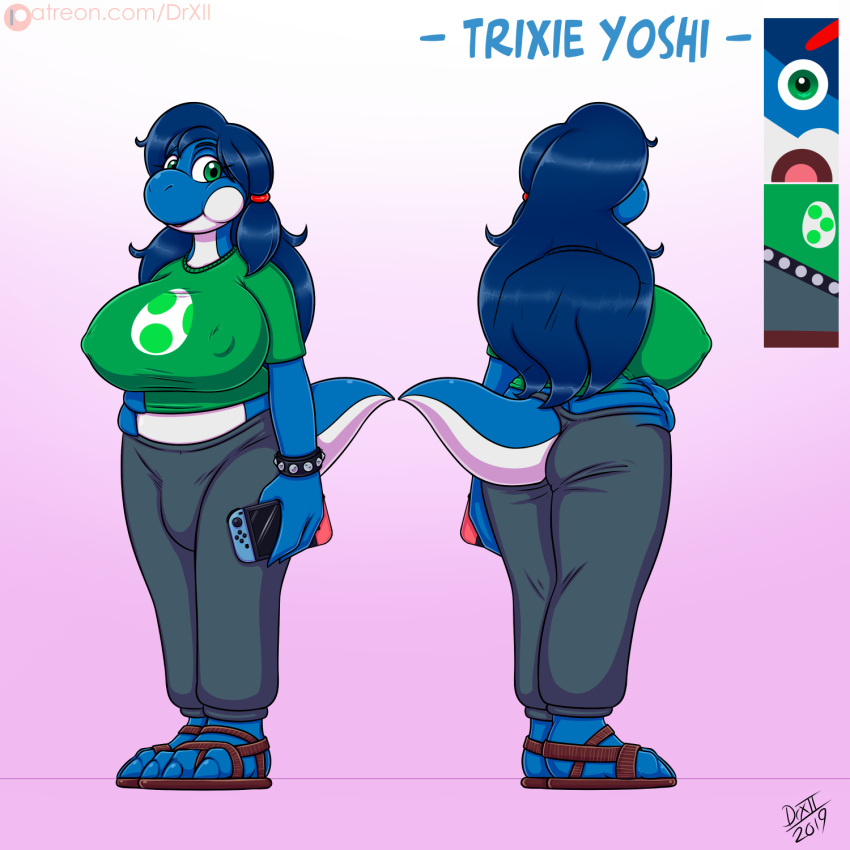 anthro big_breasts blue_body blue_yoshi breasts bulge clothed clothing digital_media_(artwork) dinosaur drxii game_console hair hi_res huge_breasts intersex looking_at_viewer mario_bros model_sheet nintendo nintendo_switch non-mammal_breasts open_mouth reptile scalie simple_background smile solo standing switch_console topwear yoshi