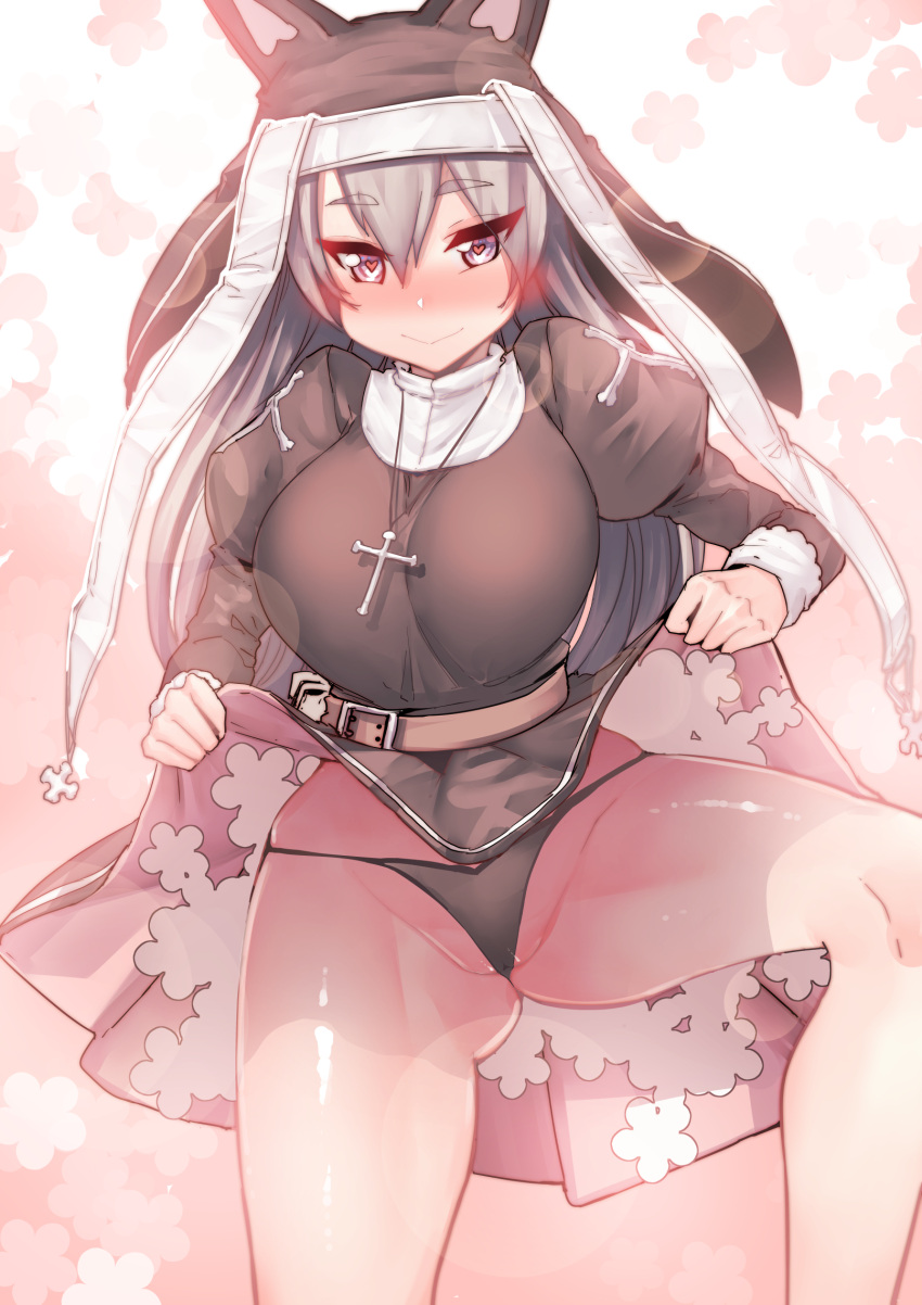 1girl animal_ears belt black_panties blush breasts cat_ears chung_cthemax clothes_lift commentary_request cowboy_shot cross dress dress_lift girls'_frontline grey_hair habit hair_between_eyes heart heart-shaped_pupils highres large_breasts lifted_by_self long_hair long_sleeves looking_at_viewer nun p7_(girls'_frontline) panties purple_eyes smile solo spread_legs symbol-shaped_pupils thighs underwear