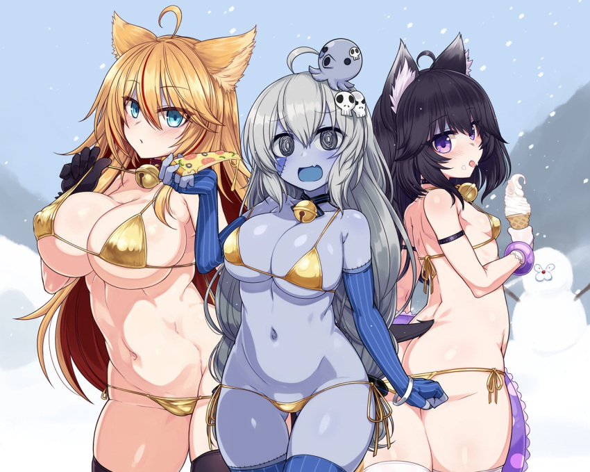 3girls ahoge animal_ears antenna_hair armband ass back bangs bare_shoulders bell bikini black_armband black_eyes black_gloves black_hair black_thighhighs blonde_hair blue_eyes blue_gloves blue_skin blue_thighhighs blush breasts cat_ears cat_tail character_request closed_mouth collar colored_skin cowboy_shot day elbow_gloves fang fingerless_gloves food from_behind gloves gold_bikini grey_hair hair_between_eyes hair_ornament holding holding_food holding_pizza ice_cream ice_cream_cone indie_virtual_youtuber jingle_bell large_breasts long_hair looking_at_viewer lowleg lowleg_bikini multiple_girls navel neck_bell octopus pizza pizza_slice purple_eyes sankasya_img side-tie_bikini_bottom skull_hair_ornament sky small_breasts smile snowing snowman swimsuit tail thighhighs thighs tongue tongue_out umaway underboob very_long_hair virtual_youtuber wet white_gloves white_thighhighs