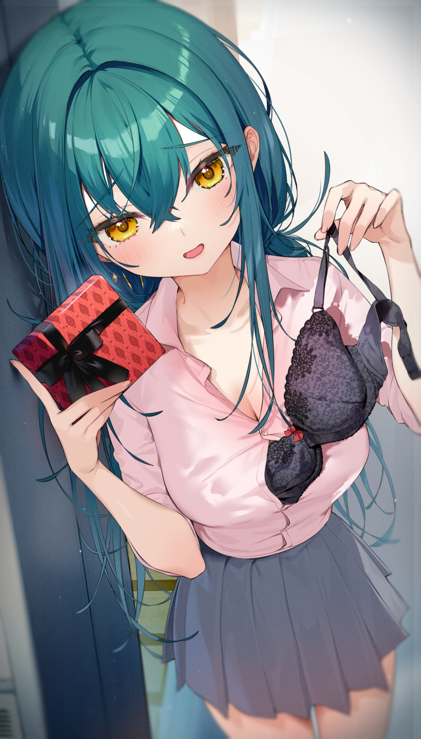 1girl absurdres bangs black_bow black_bra black_ribbon blue_hair blush bow box box_of_chocolates bra bra_removed breasts cleavage collared_shirt crossed_bangs gift gift_box green_hair grey_skirt grin hair_between_eyes hair_intakes highres holding holding_box holding_bra holding_clothes holding_gift holding_underwear incoming_gift indoors itohana large_breasts long_hair looking_at_viewer open_mouth original partially_undressed pink_shirt pleated_skirt removing_bra_under_shirt ribbon school_uniform shirt sidelocks skirt smile solo underwear undressing valentine yellow_eyes