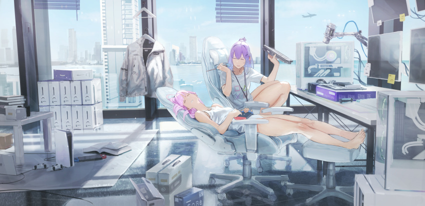 2girls aircraft airplane bangs building chair city commentary_request computer controller game_console game_controller gaming_chair highres indoors jacket laptop microphone monitor multiple_girls nintendo_switch on_chair original panties pink_hair playstation_5 purple_hair scenery sora-bakabon swivel_chair tank_top underwear white_jacket white_panties white_tank_top window
