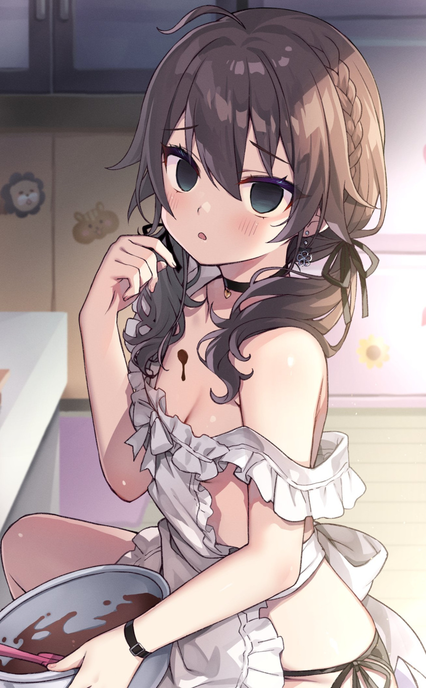 1girl ahoge apron aqua_eyes ayaoshiro braid breasts brown_hair chocolate chocolate_on_body chocolate_on_breasts chocolate_on_face chocolate_on_hand choker commentary earrings ebi_frion_(natsuiro_matsuri) empty_eyes food food_on_body food_on_face food_on_hand french_braid highres hololive jewelry looking_at_viewer low_twintails matsurisu medium_hair natsuiro_matsuri nearly_naked_apron panties sitting small_breasts solo string_panties twintails underwear virtual_youtuber yandere