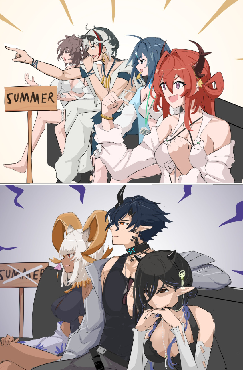 2boys 5girls absurdres animal_ears arknights black_eyes black_hair blacknight_(arknights) blacknight_(summer_flowers)_(arknights) blue_hair bracelet breasts brown_eyes brown_hair carnelian_(arknights) carnelian_(shining_dew)_(arknights) cleavage clenched_hand closed_mouth crossed_legs dark-skinned_female dark_skin disappointed elysium_(arknights) elysium_(shining_dew)_(arknights) eyewear_on_head flamebringer_(arknights) flamebringer_(holiday)_(arknights) frown gaijin_4koma_(meme) hands_on_own_chin highres horns jewelry la_pluma_(arknights) la_pluma_(summer_flowers)_(arknights) long_hair medium_breasts meme multiple_boys multiple_girls open_mouth pointing pointy_ears red_hair roberta_(arknights) roberta_(summer_flowers)_(arknights) short_hair sign sitting sunglasses surtr_(arknights) surtr_(colorful_wonderland)_(arknights) swimsuit toyyot white_hair yellow_eyes