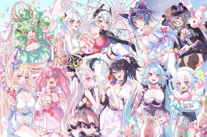 6+girls amemiya_nazuna animal_ears balloon bell belt black_hair blonde_hair blue_eyes blue_hair bow bracelet breasts bsapricot_(vtuber) cat_ears cat_girl cat_tail choker cleavage commentary day demon_girl demon_horns elbow_gloves english_commentary fang ferris_wheel food glasses gloves green_eyes green_hair hair_between_eyes happy_valentine haruka_karibu hat heart_balloon heterochromia hime_hajime horns ironmouse jewelry kson large_breasts long_hair looking_at_viewer melody_(projektmelody) mole mole_under_eye multiple_girls neck_bell nyatasha_nyanners one_eye_closed open_mouth outdoors pink_hair pointy_ears ponytail popcorn purple_eyes roller_coaster short_hair silvervale sleeveless srinitybeast tail teeth thighhighs tongue vei_(vtuber) very_long_hair virtual_youtuber vshojo white_hair yellow_eyes zentreya_(vtuber)