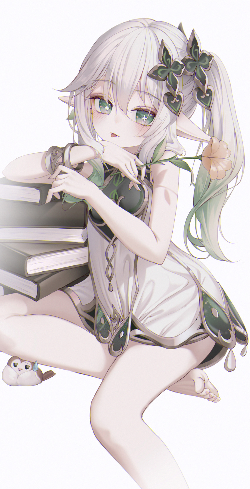1girl :p absurdres amaroku_neko arm_rest bare_arms bare_legs barefoot bird blush book book_stack bracelet colored_tips commentary_request cross-shaped_pupils dress feet flower foot_out_of_frame genshin_impact gold_trim gradient_hair green_eyes green_hair hair_between_eyes hands_up highres holding holding_flower jewelry leaf long_hair multicolored_hair nahida_(genshin_impact) orange_flower pointy_ears short_dress side_ponytail simple_background sitting sleeveless sleeveless_dress solo streaked_hair sweatdrop symbol-shaped_pupils thighs toes tongue tongue_out two-tone_hair white_background white_dress white_hair yokozuwari