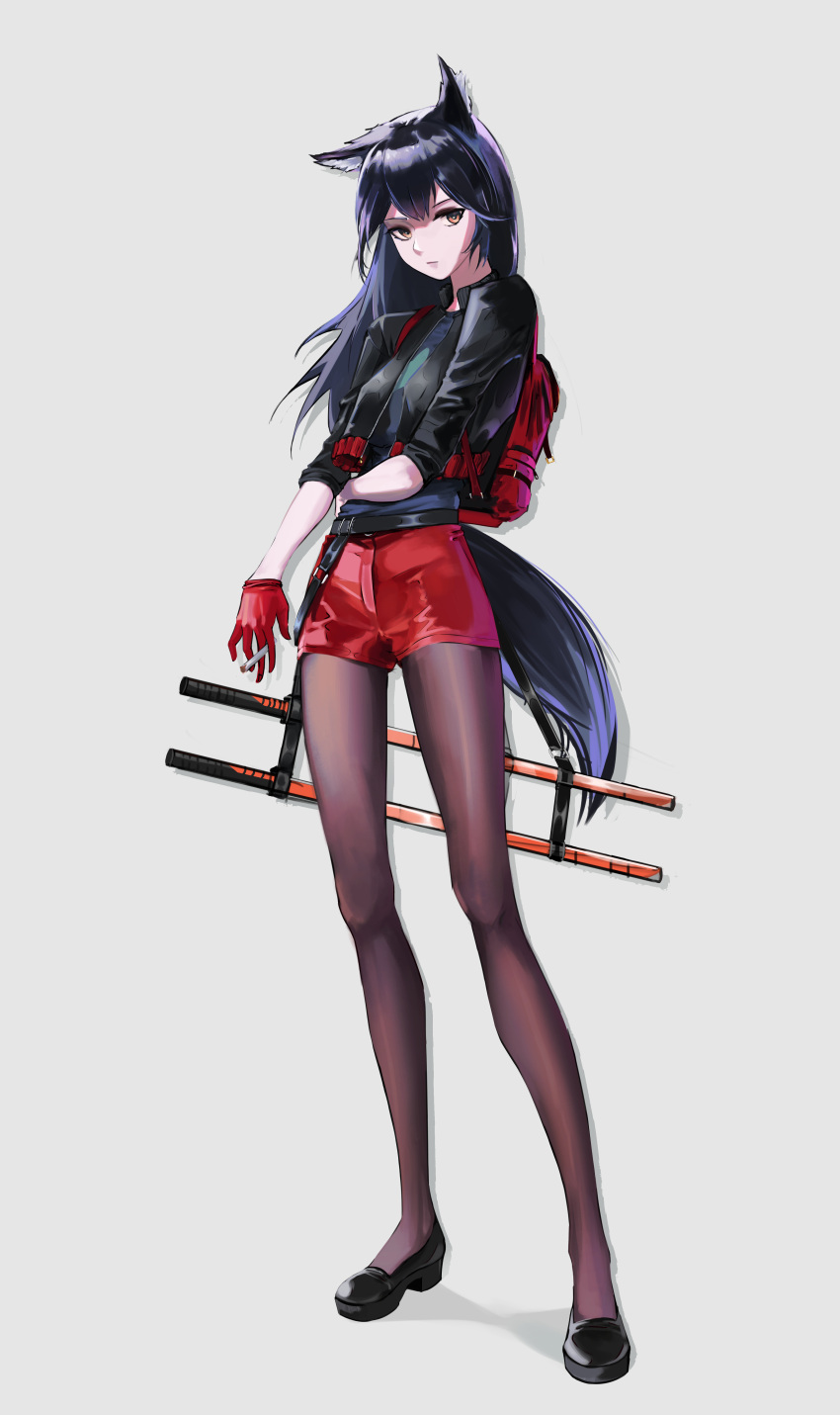 absurdres animal_ear_fluff animal_ears arknights black_hair cigarette gloves highres holding holding_cigarette necktie shirt shorts simple_background smoking texas_(arknights) tflop_(tea_flop) wolf_ears wolf_girl