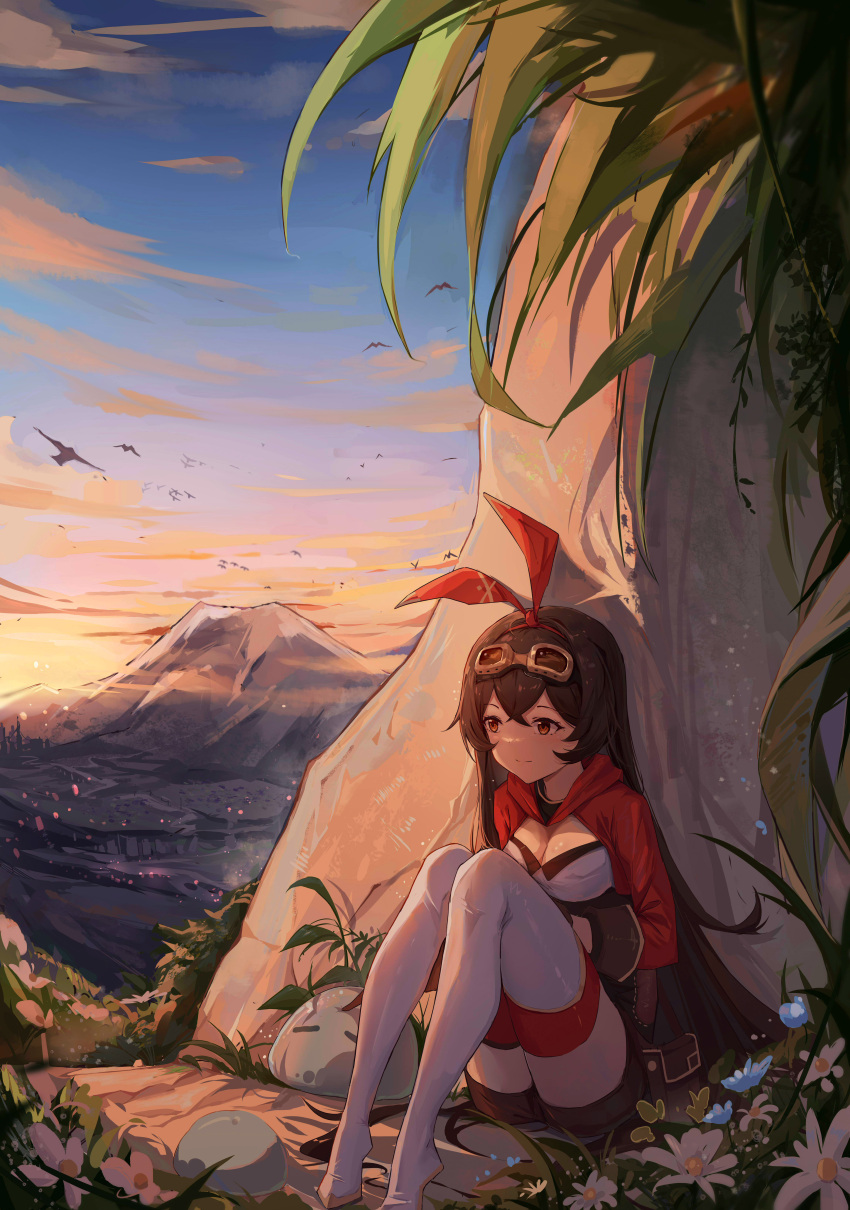 1girl absurdres amber_(genshin_impact) bangs breasts brown_hair brown_shorts cleavage closed_mouth genshin_impact goggles goggles_on_head hair_between_eyes hair_ribbon hairband highres legs_together light_smile long_hair long_sleeves medium_breasts mountain on_ground outdoors red_hairband red_ribbon ribbon shirt short_shorts shorts sitting sky slime_(genshin_impact) smile solo sunset thighhighs thighs white_shirt white_thighhighs yajuu yellow_eyes