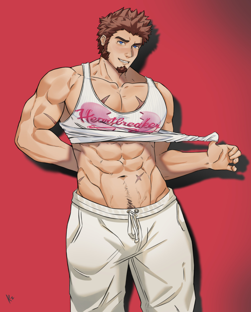 1boy abs alternate_costume bara blue_eyes blush broken_heart broken_heart_print brown_hair bulge casual clothes_lift commission facial_hair fate/grand_order fate_(series) feet_out_of_frame goatee highres kirovskiii large_pectorals lifted_by_self long_sideburns looking_at_viewer male_focus mature_male muscular muscular_male napoleon_bonaparte_(fate) navel navel_hair nipples pants pectoral_cleavage pectorals print_shirt scar scar_on_arm scar_on_chest scar_on_stomach second-party_source seductive_smile shirt shirt_lift shirt_rolled_up short_hair sideburns smile solo standing stomach tank_top textless_version thick_thighs thighs track_pants white_pants white_tank_top