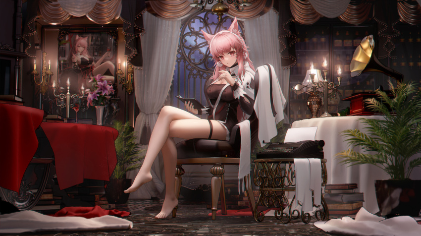 1girl absurdres alcohol animal_ears arknights bangs barefoot book breasts candle candlestand chair cleavage crossed_legs cup drinking_glass flower hairband highres holding holding_notebook lamp ling_dianxia long_hair looking_at_viewer notebook open_book parted_lips phonograph pink_eyes pink_hair plant portrait_(object) potted_plant pozyomka_(arknights) pozyomka_(snowy_plains_in_words)_(arknights) sitting table typewriter wine wine_glass