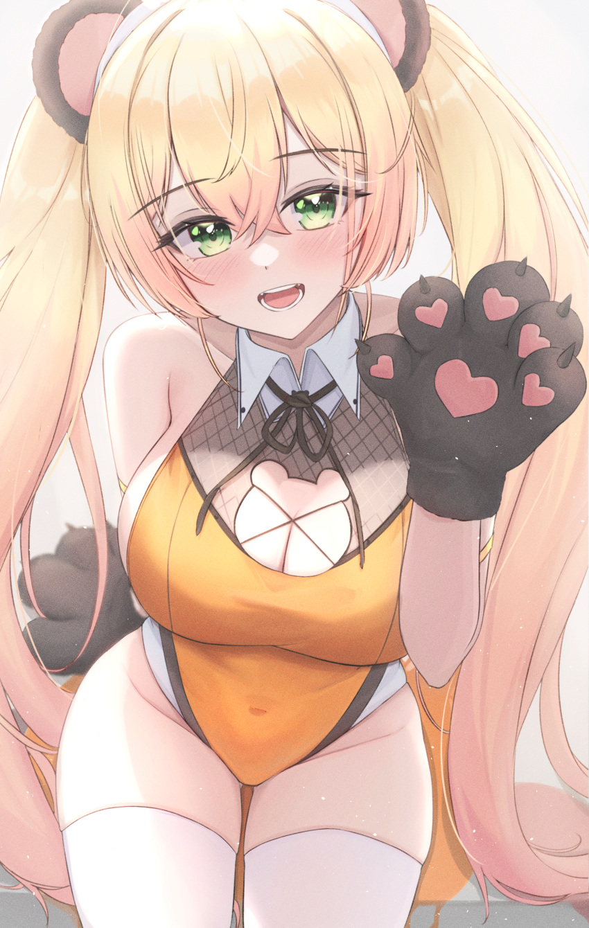 1girl absurdres alternate_costume alternate_hairstyle animal_ears animal_hands bear_cutout bear_ears bear_paws blonde_hair blush breasts cleavage cleavage_cutout clothing_cutout commentary covered_navel gloves gradient_hair green_eyes hair_between_eyes highleg highleg_leotard highres hololive large_breasts leotard long_hair mofu07519 momosuzu_nene multicolored_hair orange_leotard paw_gloves solo thighhighs twintails virtual_youtuber white_thighhighs