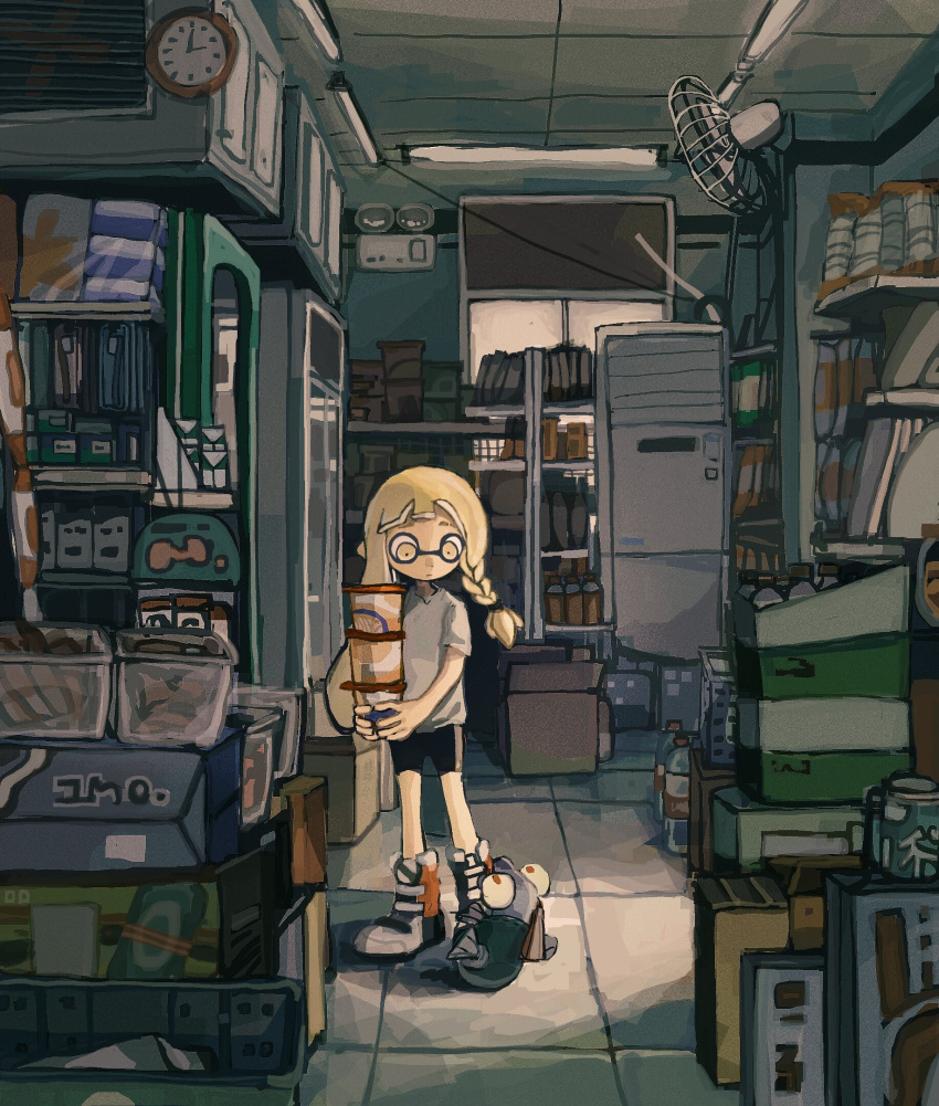 1girl agent_3_(splatoon_3) bike_shorts black_shorts blonde_hair bottle box braid clock closed_mouth dr_mice electric_fan eyebrow_cut highres inkling inkling_girl little_buddy_(splatoon) long_hair pointy_ears salmonid shirt shoes shop shorts side_braid smallfry_(splatoon) splatoon_(series) splatoon_3 standing tentacle_hair wall_clock white_shirt yellow_eyes