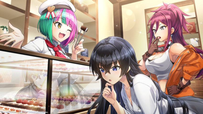 3girls black_hair blue_eyes breasts cake commentary_request dolphin_wave dougi earrings food gloves green_hair grey_eyes hagane_otsuki hand_on_hip hand_on_own_chin helly_lewis highres jacket jewelry kurenashi_yuuri large_breasts long_hair multicolored_hair multiple_girls off_shoulder official_art one_eye_closed ootomo_takuji open_clothes open_jacket open_mouth ponytail purple_hair sharp_teeth shirt short_hair t-shirt teeth two-tone_hair yellow_eyes