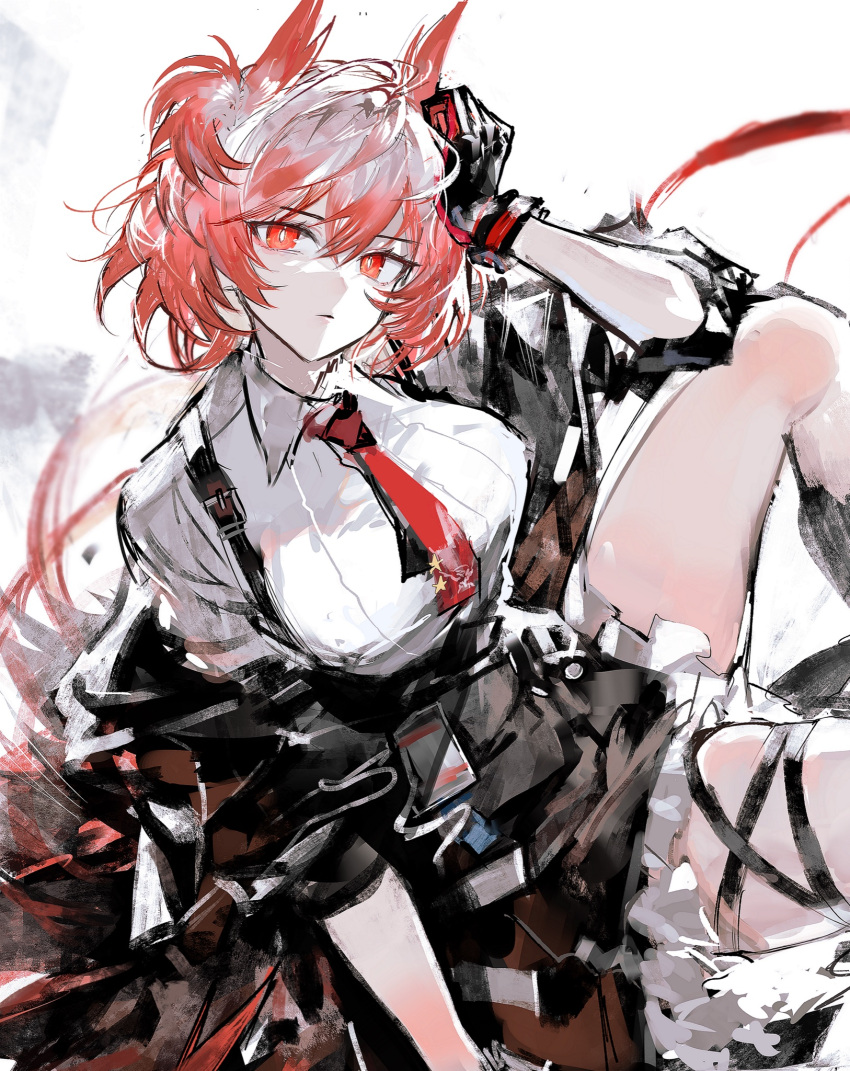 1girl arknights bangs black_gloves black_jacket black_skirt closed_mouth collared_shirt expressionless feather_hair feet_out_of_frame fiammetta_(arknights) gloves hand_on_own_head hand_up highres jacket knee_up leg_ribbon looking_at_viewer medium_hair necktie off_shoulder red_eyes red_hair red_necktie remsrar ribbon shirt skirt solo suspenders thigh_ribbon white_shirt