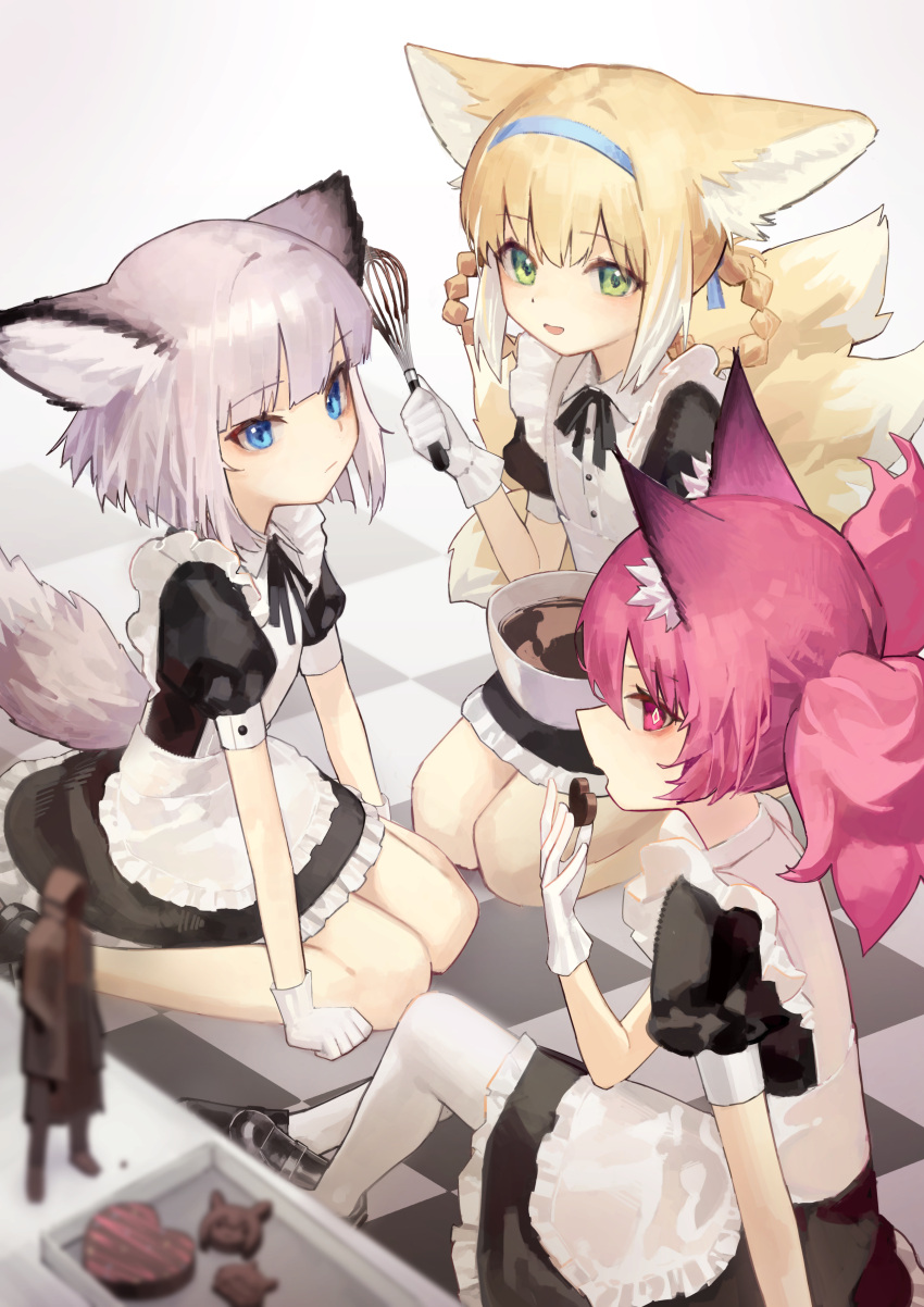 3girls absurdres alternate_costume animal_ear_fluff animal_ears apron arknights bangs black_dress black_ribbon blonde_hair blue_eyes blue_hairband blunt_bangs blush bowl braid candy chocolate closed_mouth doctor_(arknights) dress enmaided figure food fox_ears fox_girl fox_tail gloves green_eyes grey_hair hair_rings hairband heart heart-shaped_chocolate highres holding holding_food knee_up maid multiple_girls multiple_tails neck_ribbon on_floor open_mouth pantyhose puffy_short_sleeves puffy_sleeves purple_eyes purple_hair ribbon shamare_(arknights) short_hair short_sleeves short_twintails simple_background sitting sussurro_(arknights) suzuran_(arknights) tail tail_through_clothes twintails valentine waist_apron wariza whisk white_apron white_background white_gloves white_pantyhose yoon_cook