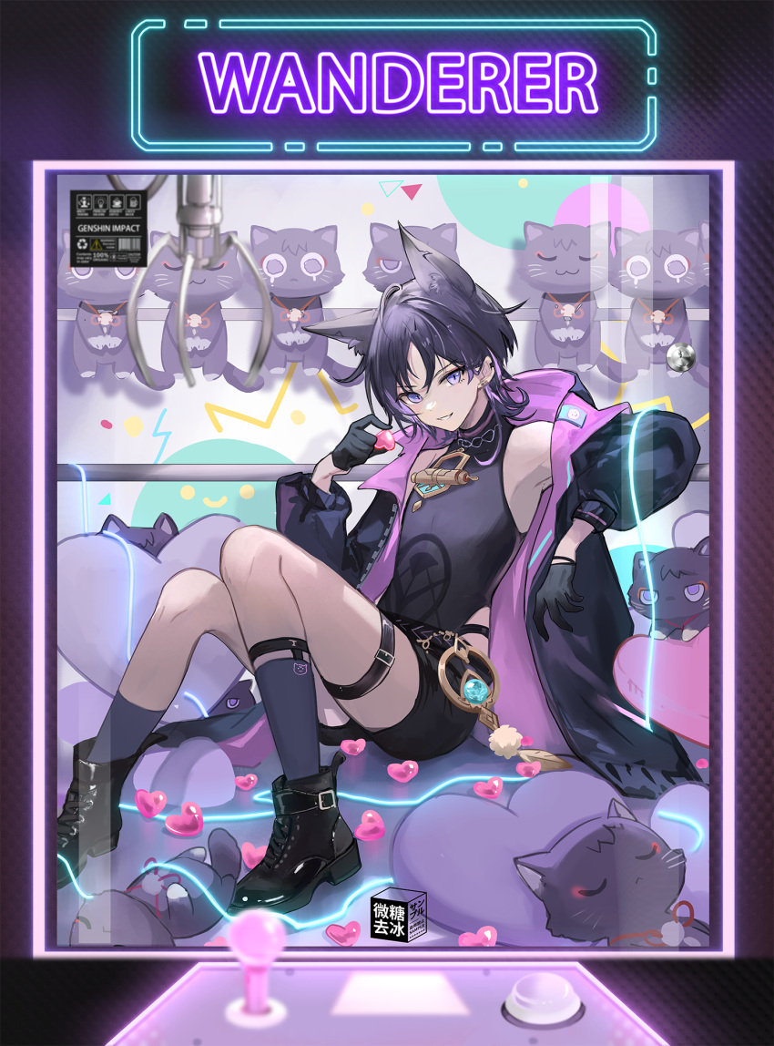 1boy alternate_costume animal_ear_fluff animal_ears arcade_stick bangs bare_shoulders black_footwear black_gloves black_hair black_jacket black_shirt black_shorts blue_socks boots cat cat_ears character_name chinese_commentary commentary_request controller crane_game earclip earrings full_body game_controller genshin_impact gloves hand_up heart heart_pillow highres holding issign jacket jewelry joystick kemonomimi_mode long_sleeves looking_at_viewer male_focus multicolored_hair neon_lights open_clothes open_jacket parted_bangs parted_lips pillow pom_pom_(clothes) puffy_long_sleeves puffy_sleeves purple_eyes purple_hair scaramouche_(cat)_(genshin_impact) scaramouche_(genshin_impact) shirt short_hair short_shorts shorts sidelocks sitting sleeveless sleeveless_shirt smile socks solo streaked_hair thigh_strap vision_(genshin_impact) wanderer_(genshin_impact) watermark
