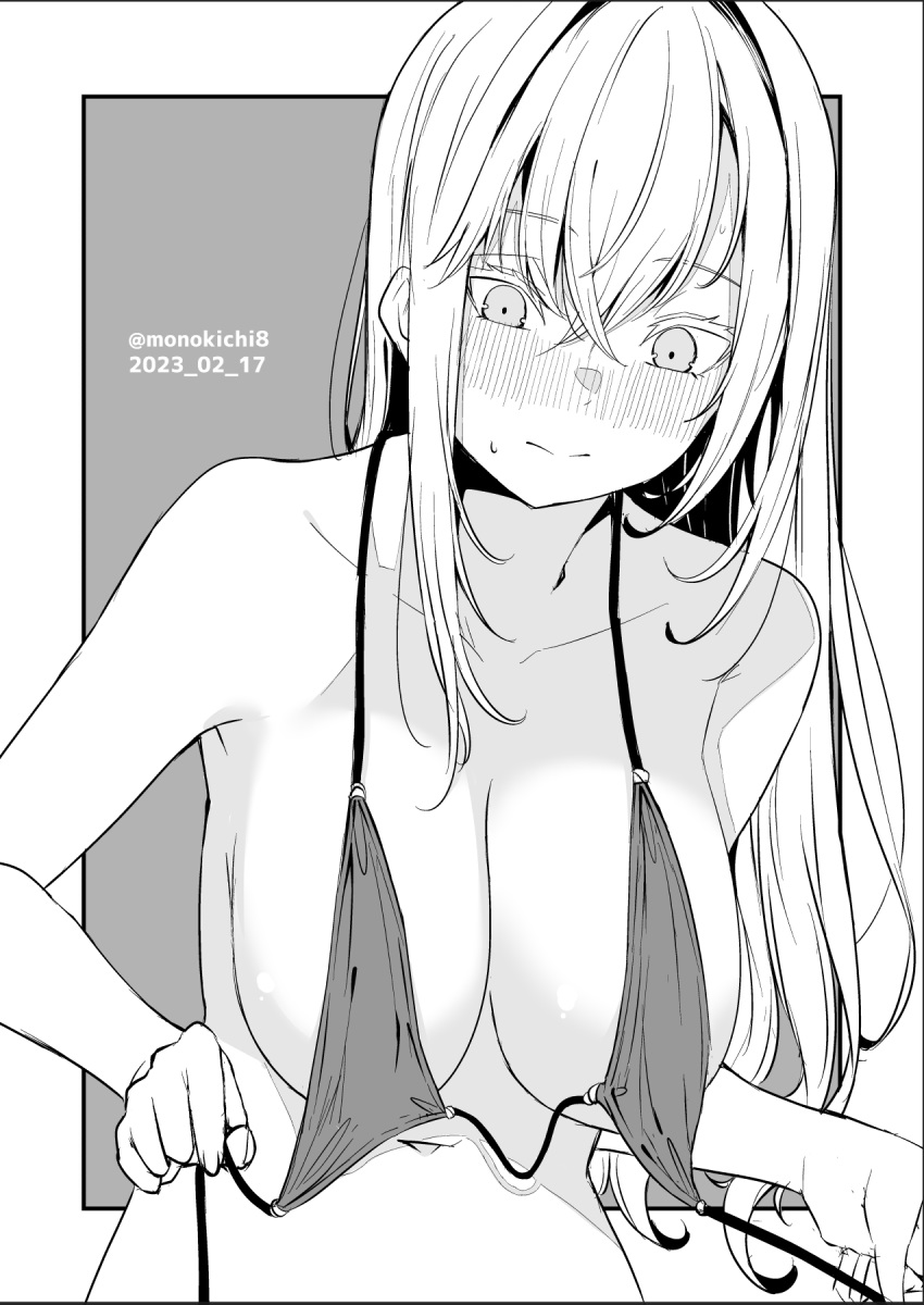 1girl bangs bikini bikini_top_only blush breasts closed_mouth collarbone commentary_request crossed_bangs dated grey_background greyscale hair_between_eyes highres kichihachi large_breasts long_hair looking_down monochrome navel nose_blush original sweatdrop swimsuit twintails twitter_username two-tone_background untied untied_bikini upper_body white_background