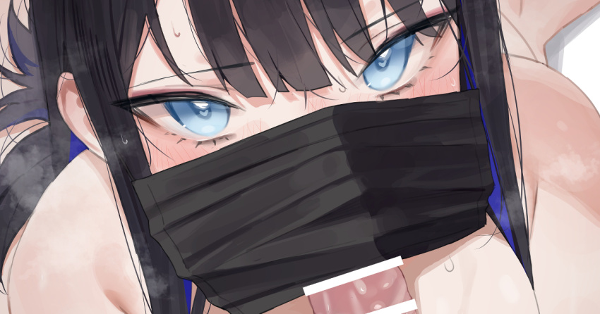 1boy 1girl bar_censor bare_shoulders black_hair blue_archive blue_eyes blue_hair blush breasts censored eyeliner fellatio fellatio_under_mask heart heart-shaped_pupils looking_at_viewer makeup mask mochirong mouth_mask multicolored_hair oral paid_reward_available penis pov saori_(blue_archive) sweat symbol-shaped_pupils two-tone_hair