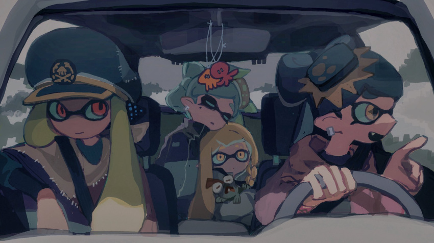 +_+ 4girls agent_3_(splatoon) agent_3_(splatoon_3) blue_headwear braid callie_(splatoon) car_interior charm_(object) closed_eyes dr_mice driving ear_piercing fang ground_vehicle hat highres inkling inkling_girl jacket little_buddy_(splatoon) long_hair marie_(splatoon) mole mole_under_eye motor_vehicle multiple_girls open_mouth patchwork_clothes piercing pointing pointy_ears salmonid short_hair side_braid sleeping sleeping_on_person sleeping_upright smallfry_(splatoon) splatoon_(series) steering_wheel tentacle_hair