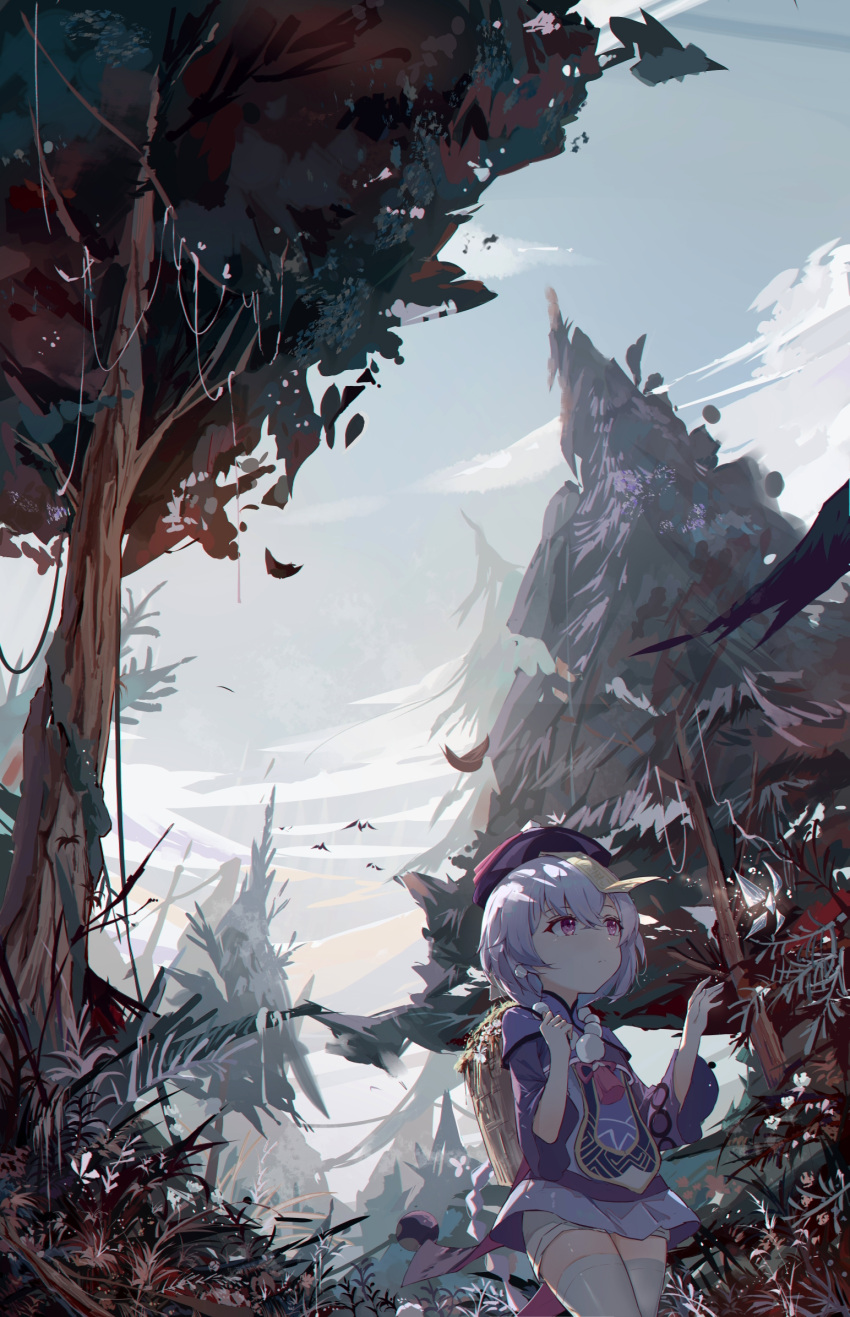 1girl arms_up bangs bird blue_dress blue_headwear braid chestnut_mouth cloud cloudy_sky day dress forest genshin_impact gradient_sky hair_between_eyes hair_ornament hat highres jacket long_hair long_sleeves nature purple_hair purple_jacket qing_guanmao qiqi_(genshin_impact) red_eyes short_shorts shorts shorts_under_dress single_braid sky solo thighhighs tree white_shorts white_thighhighs yajuu