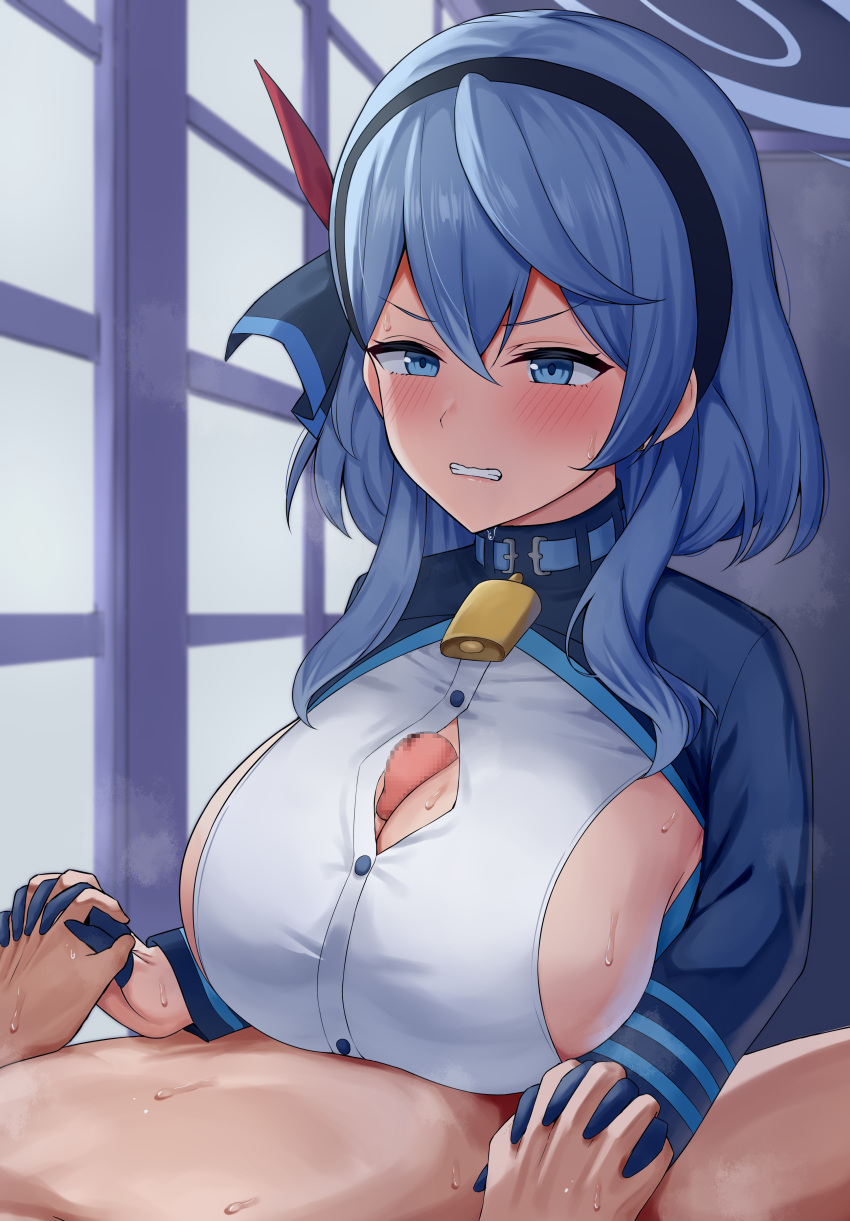 1boy 1girl absurdres ako_(blue_archive) ariatorai bell blue_archive blue_collar blue_eyes blue_hair breasts censored cleavage_cutout clenched_teeth clothing_cutout collar commentary_request cowbell hairband halo hetero highres holding_hands large_breasts mosaic_censoring neck_bell paizuri paizuri_on_lap paizuri_under_clothes partial_commentary penis solo_focus teeth v-shaped_eyebrows window