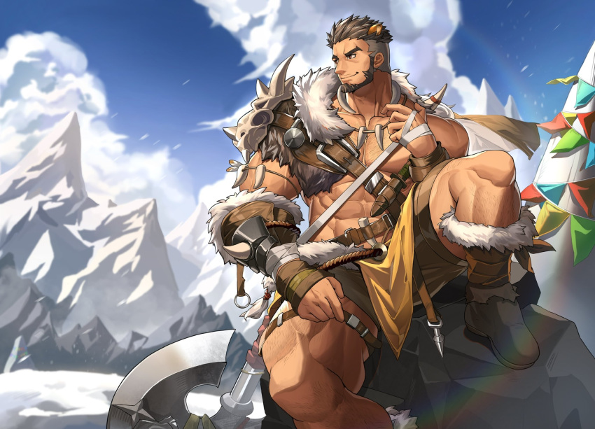 1boy abs alca_(wakatanka4) alternate_costume animal_ears armor axe bandages bara battle_axe beard black_hair blue_sky bracer brown_shorts chest_hair cloud cloudy_sky facial_hair foot_out_of_frame fur_trim gyee highres jewelry large_pectorals leg_belt leg_hair lion_boy lion_ears lion_tail looking_to_the_side male_focus mature_male mountain muscular muscular_male navel necklace original outdoors pauldrons pectorals pelvic_curtain rainbow rock shoes short_hair shorts shoulder_armor single_pauldron sitting sky smirk solo spread_legs stomach tail tekkowang thick_eyebrows thick_thighs thighs tooth_necklace undercut weapon