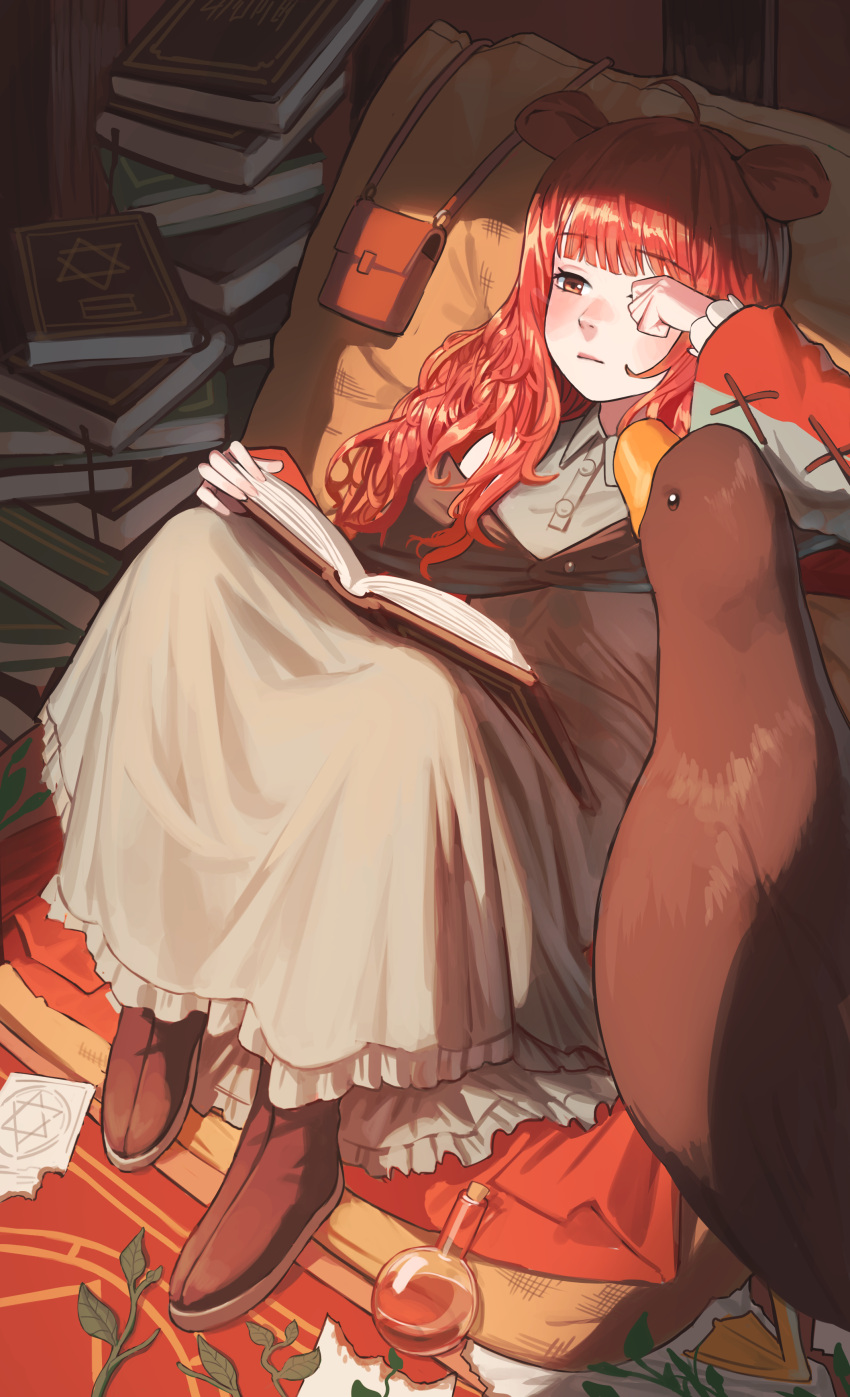 1girl absurdres animal animal_ears bag bangs bird book book_stack brown_dress clenched_hand collared_shirt dress duck hand_up highres holding holding_book long_hair lying mj154123 on_back original reading red_hair rubbing_eyes shirt shoulder_bag sitting vial