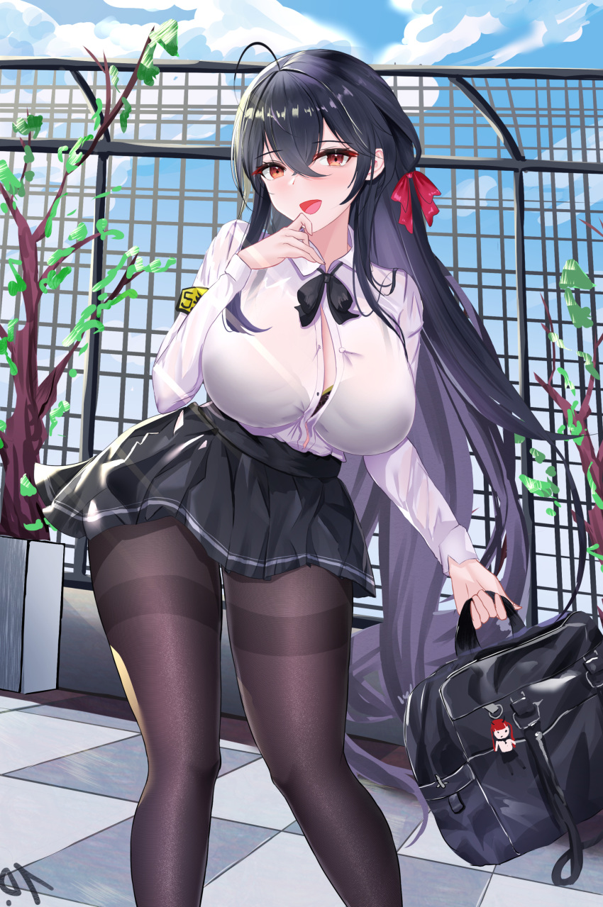 1girl absurdres ahoge azur_lane bag bangs black_bag black_bow black_bowtie black_bra black_hair black_skirt bow bowtie bra bra_peek bra_visible_through_clothes breasts brown_pantyhose button_gap character_doll cleavage collared_shirt crossed_bangs hair_ribbon hand_on_own_chin highres holding holding_bag honolulu_(azur_lane) honolulu_(umbrella_girl)_(azur_lane) huge_ahoge huge_breasts long_hair long_sleeves loose_bowtie miniskirt nanoda002_(saber427) official_alternate_costume on_roof open_mouth pantyhose red_eyes red_ribbon ribbon rooftop school_bag school_uniform see-through see-through_shirt shirt shirt_tucked_in skirt solo spring_(season) taihou_(azur_lane) taihou_(sweet_time_after_school)_(azur_lane) taut_clothes taut_shirt thighband_pantyhose tile_roof underwear very_long_hair yellow_armband
