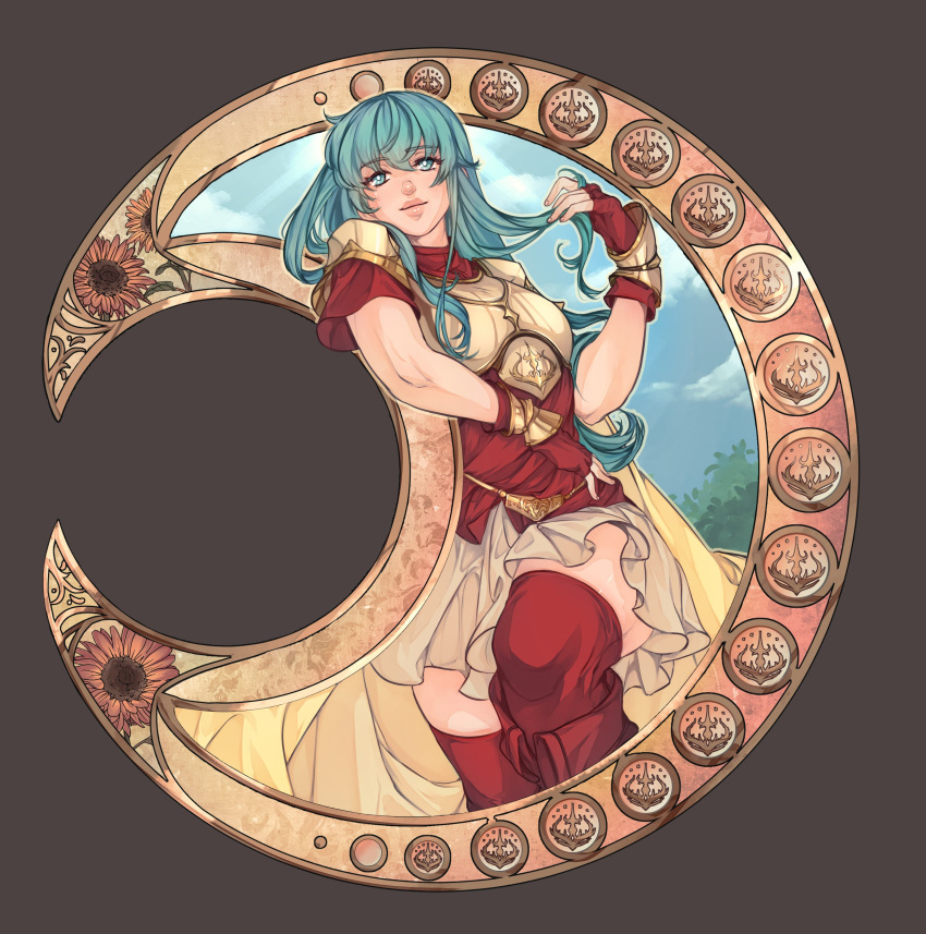 1girl absurdres aqua_eyes aqua_hair armor breastplate cape crescent_moon eirika_(fire_emblem) fire_emblem fire_emblem:_the_sacred_stones gloves highres iaurencin long_hair miniskirt moon red_gloves red_shirt red_thighhighs shirt short_sleeves skirt solo thighhighs white_skirt yellow_cape zettai_ryouiki