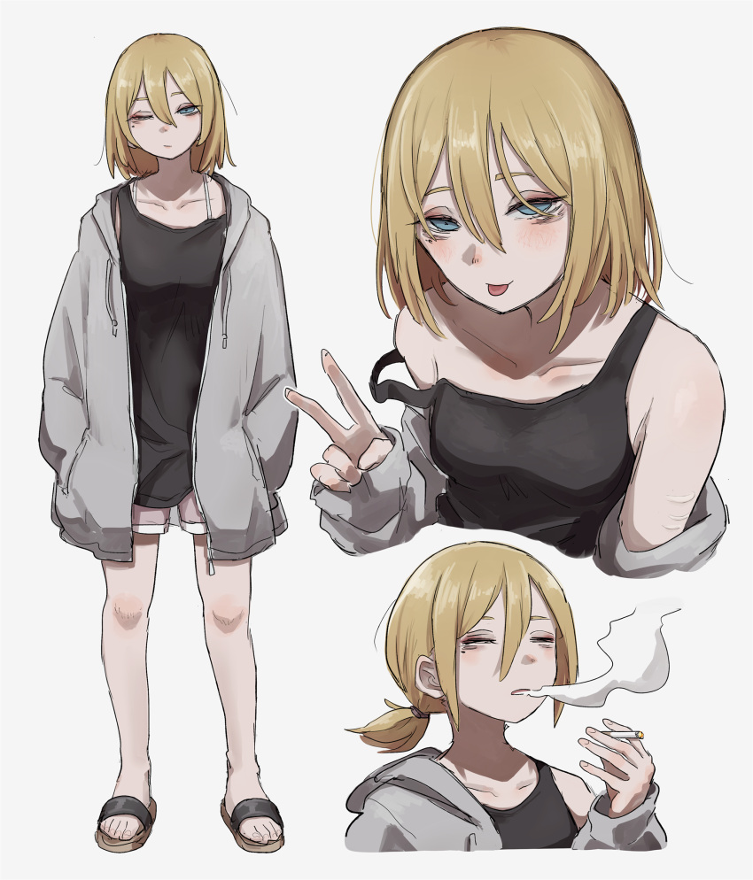 1girl bangs bare_shoulders black_tank_top blonde_hair blush cigarette closed_eyes closed_mouth collarbone commentary_request facing_viewer full_body green_eyes grey_jacket hair_between_eyes half-closed_eye half-closed_eyes hand_up hands_in_pockets highres holding holding_cigarette jacket long_bangs long_sleeves looking_at_viewer medium_hair multiple_views off_shoulder one_eye_closed open_clothes open_jacket original sandals short_ponytail shorts simple_background sleeves_past_wrists smoking standing tabao tank_top tobacco tongue tongue_out v white_background