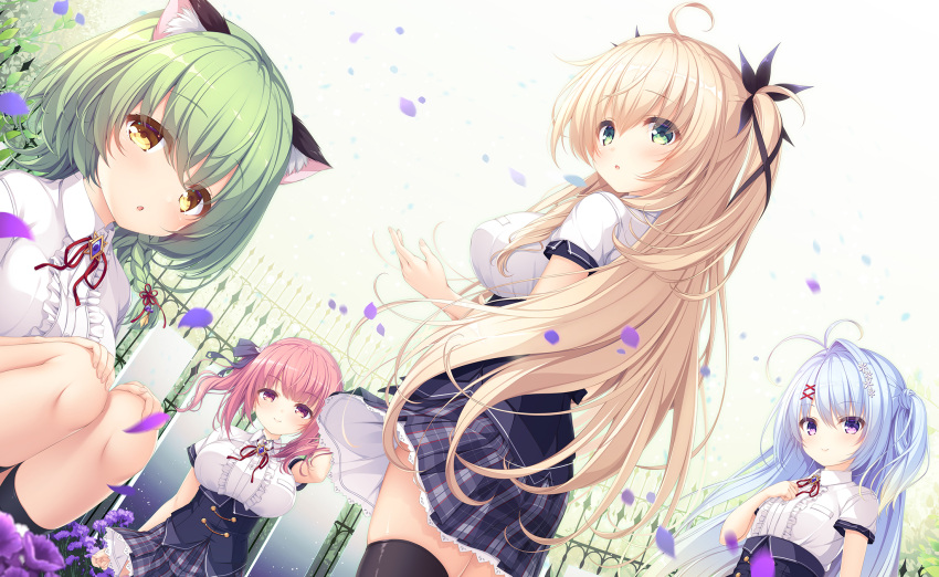 :o ahoge animal_ears antenna_hair arm_up bangs black_thighhighs blonde_hair blue_hair blush breasts brooch cat_ears dutch_angle fence flower game_cg green_eyes green_hair hair_flower hair_ornament hair_ribbon hands_on_own_knees highres jewelry large_breasts long_hair looking_at_viewer medium_hair mikagami_mamizu mikuriya_ren miniskirt official_art petals plaid plaid_skirt pleated_skirt purple_eyes red_eyes red_hair ribbon rina_(unless_terminalia) short_hair skirt smile squatting standing tachibana_charon_(unless_terminalia) thighhighs twintails two_side_up underbust unless_terminalia wind x_hair_ornament yellow_eyes zettai_ryouiki