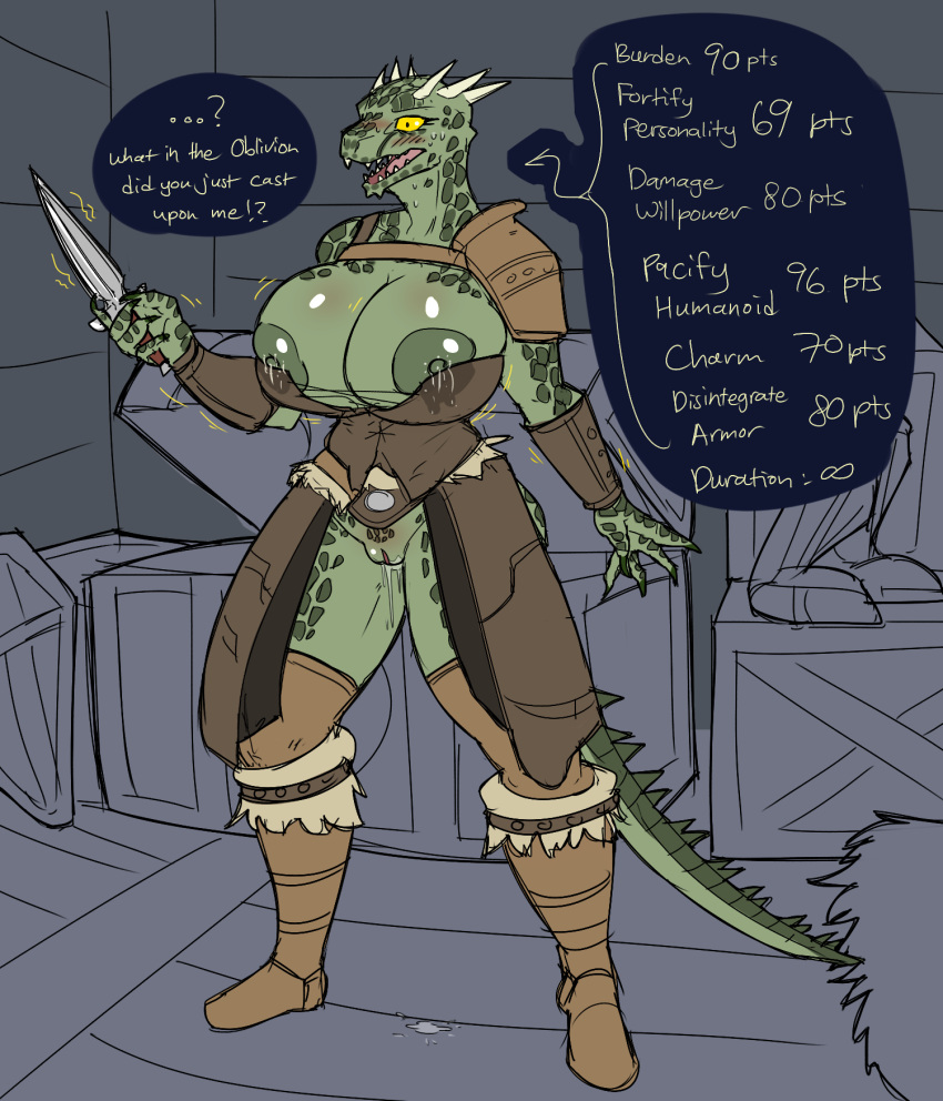 anthro argonian armor bethesda_softworks big_breasts blush bodily_fluids breasts chorsinnell39 dagger deeja english_text female genital_fluids genitals green_body green_nipples green_scales hi_res holding_dagger huge_breasts lactating melee_weapon nipples pussy pussy_juice scales scalie solo stats sweat text the_elder_scrolls unconvincing_armor weapon yellow_eyes