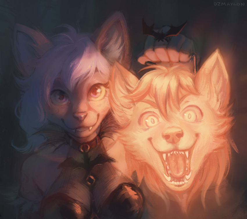 anthro blep canid canine canis clothing costume dante_kinkade domestic_cat duo dzmaylon felid feline felis female halloween hi_res holidays luna_(dantekinkade) magic male male/female mammal open_mouth tongue tongue_out wolf