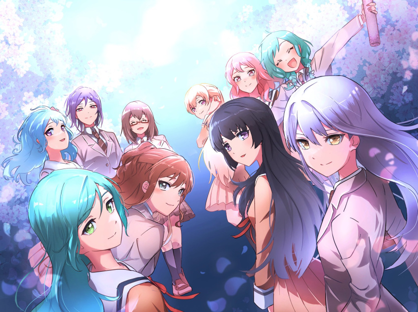 bang_dream! black_hair blonde_hair blue_hair brown_hair cherry_blossoms closed_eyes graduation grey_eyes grey_hair highres hikawa_hina hikawa_sayo imai_lisa maruyama_aya matsubara_kanon minato_yukina pine_(pinepipp) pink_eyes pink_hair purple_eye purple_hair red_eyes seta_kaoru shirasagi_chisato shirokane_rinko tearing_up yamato_maya yellow_eyes