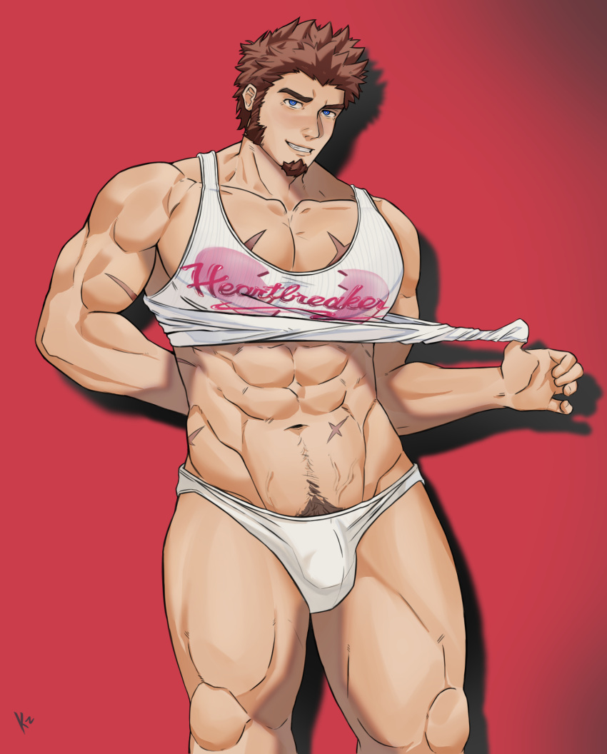 1boy abs alternate_costume bara blue_eyes blush briefs broken_heart broken_heart_print brown_hair bulge casual clothes_lift commission facial_hair fate/grand_order fate_(series) feet_out_of_frame goatee highres kirovskiii large_pectorals lifted_by_self long_sideburns looking_at_viewer male_focus male_underwear mature_male muscular muscular_male napoleon_bonaparte_(fate) navel navel_hair nipples no_pants pectoral_cleavage pectorals print_shirt pubic_hair pubic_hair_peek scar scar_on_arm scar_on_chest scar_on_stomach second-party_source seductive_smile shirt shirt_lift shirt_rolled_up short_hair sideburns smile solo standing stomach tank_top textless_version thick_thighs thighs underwear white_male_underwear white_tank_top
