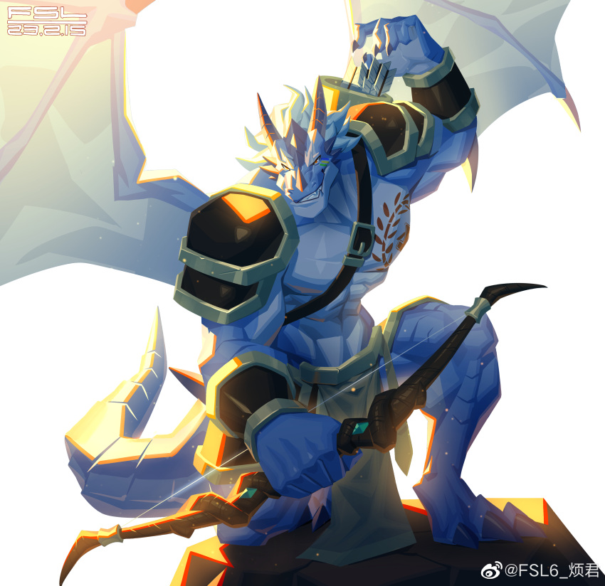 2023 3_toes 5_fingers abs absurd_res anthro armor arrow_(weapon) attack_pose barefoot blue_body blue_hair blue_scales bottomwear bow_(weapon) chest_tattoo clothed clothing dated digital_media_(artwork) dragon facial_horn facial_markings facial_spikes fansl feet fingers flesh_fang hair head_horn head_markings hi_res holding_arrow holding_bow_(weapon) holding_object holding_weapon horn jaw_spikes kneeling loincloth male markings membrane_(anatomy) membranous_wings muscular muscular_anthro muscular_male nose_horn quiver ranged_weapon scales scalie smile smirk solo spaulder spikes spikes_(anatomy) spread_wings tattoo toes topless topless_anthro topless_male weapon wings