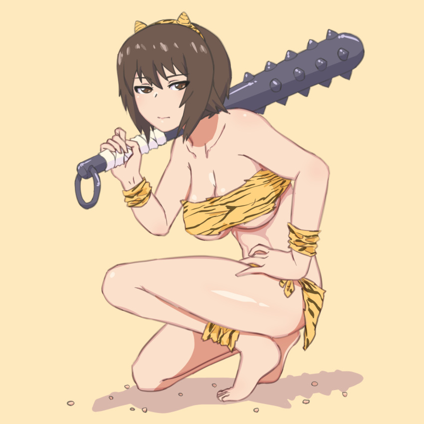1girl animal_print ankleband armband bangs bare_shoulders barefoot beans bikini breasts brown_eyes brown_hair cleavage closed_mouth club_(weapon) commentary fake_horns from_side frown full_body fur_bikini girls_und_panzer half-closed_eyes hand_on_hip highres holding_club horns huaronanago looking_at_viewer medium_breasts nishizumi_maho one_knee oni_horns print_bikini print_sarong sarong setsubun shadow short_hair solo spiked_club strapless strapless_bikini swimsuit tiger_print weapon yellow_background yellow_bikini yellow_sarong