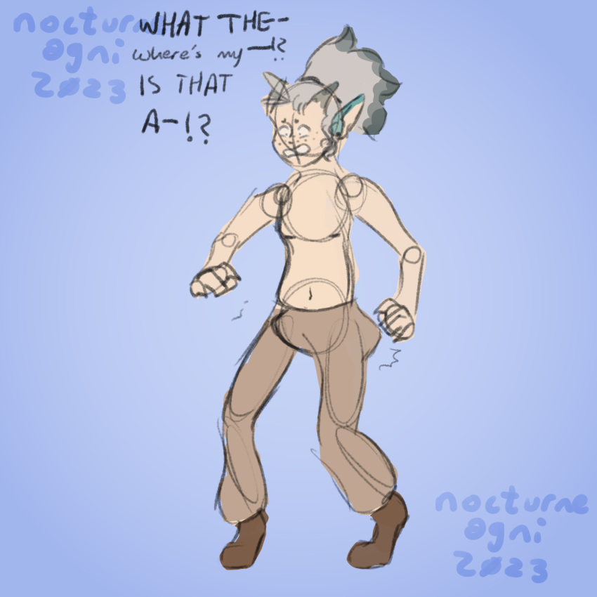 blue_body blue_skin bulge comic dark_hair dialogue grey_hair hair herm hi_res humanoid intersex nocturneagni pale_skin shirtless shirtless_anthro shocked_expression simple_background solo tail_bulge text transformation transformation_sequence