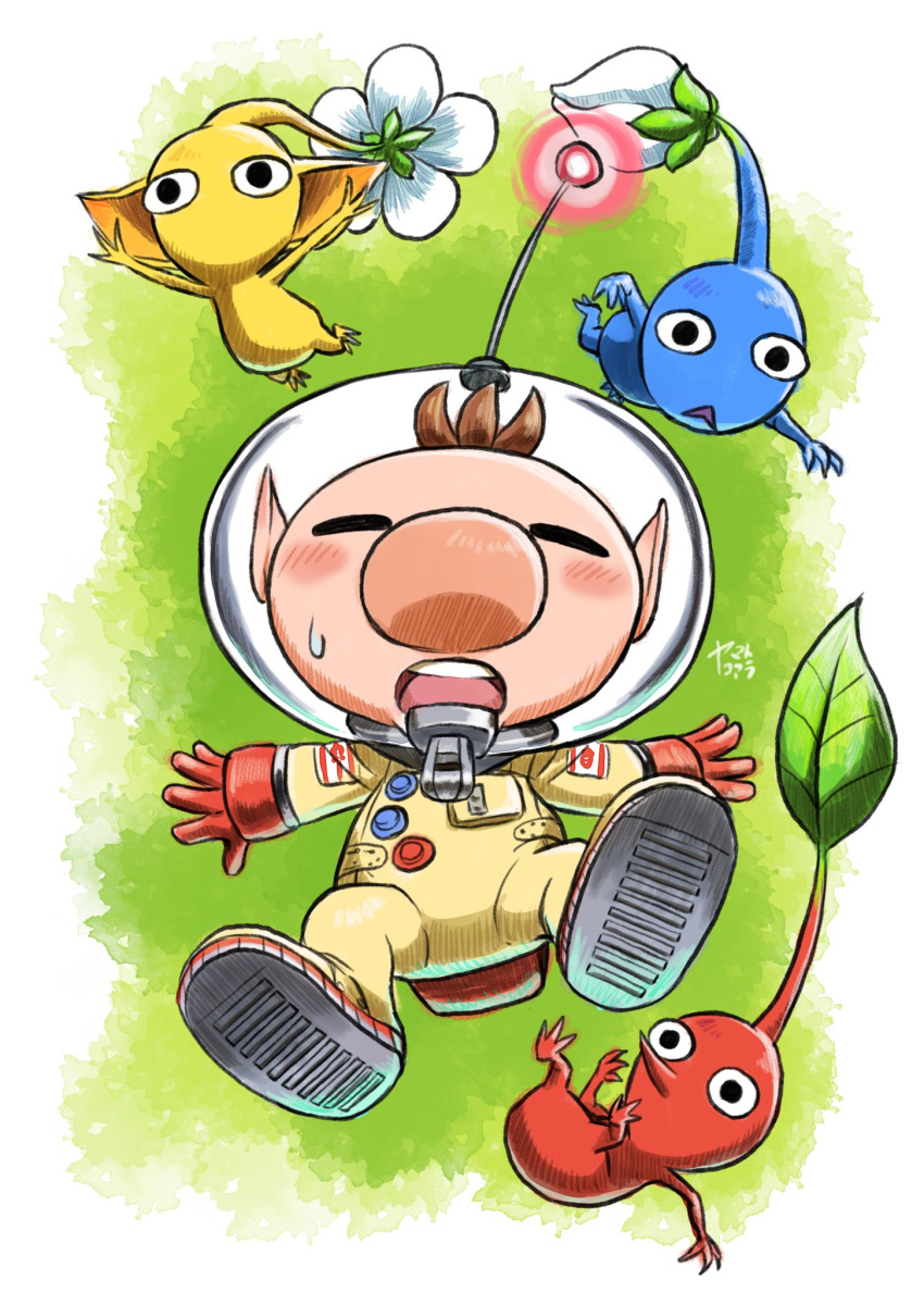 1boy antennae artist_name big_nose blush brown_hair closed_eyes commentary_request english_commentary falling flower full_body gloves green_background helmet highres koaraymt leaf mixed-language_commentary olimar open_mouth pikmin_(creature) pikmin_(series) red_gloves simple_background space_helmet spacesuit super_smash_bros. sweatdrop teeth upper_teeth_only white_background white_flower